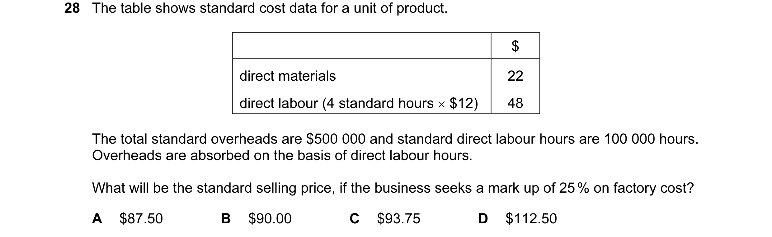 Question 36: The table shows standard cost data for a unit of product. $ direct materials 22 direct labour (4 standard hours × $12) 48 The total standar…