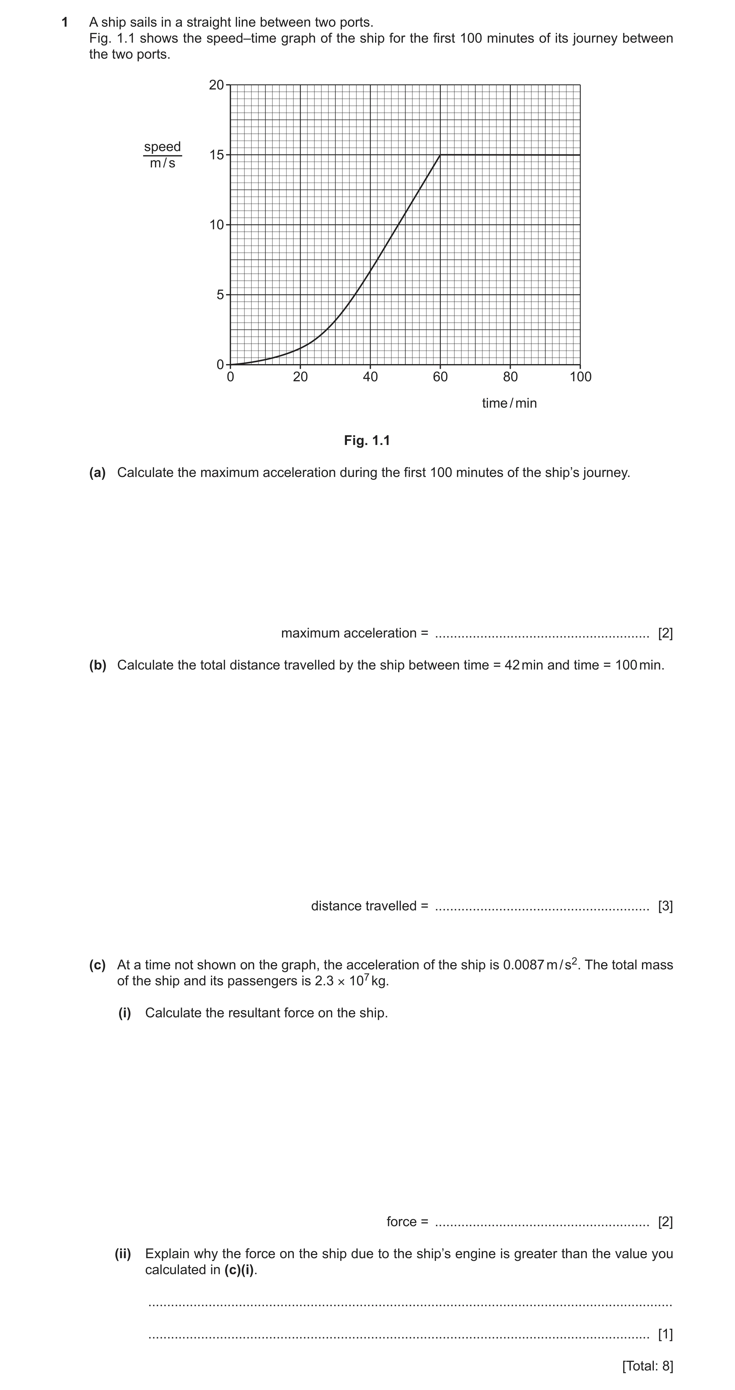 Question 34: A ship sails in a straight line between two ports. Fig. 1.1 shows the speed–time graph of the ship for the first 100 minutes of its journey…