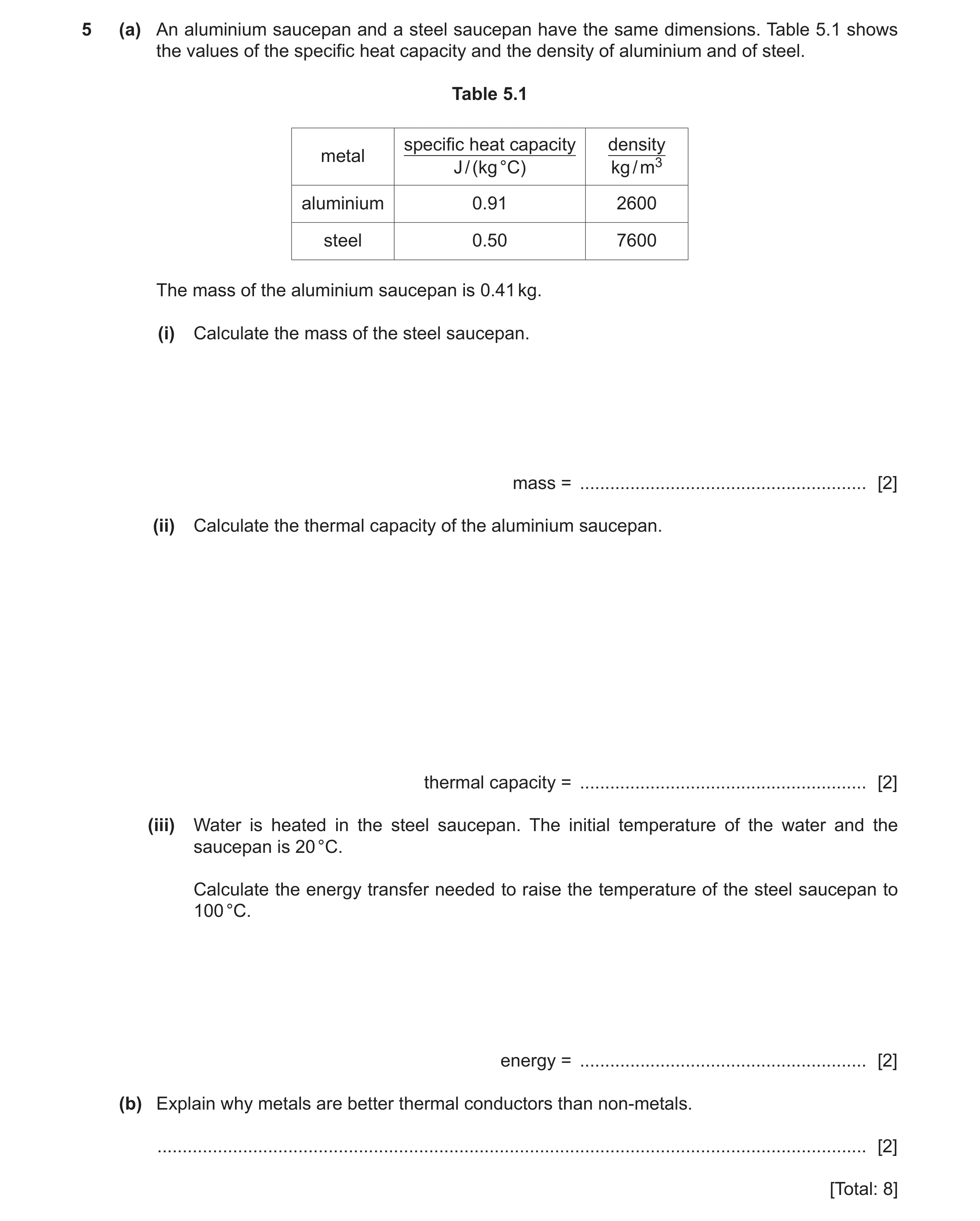 Question 14: (a) An aluminium saucepan and a steel saucepan have the same dimensions. Table 5.1 shows the values of the specific heat capacity and the d…