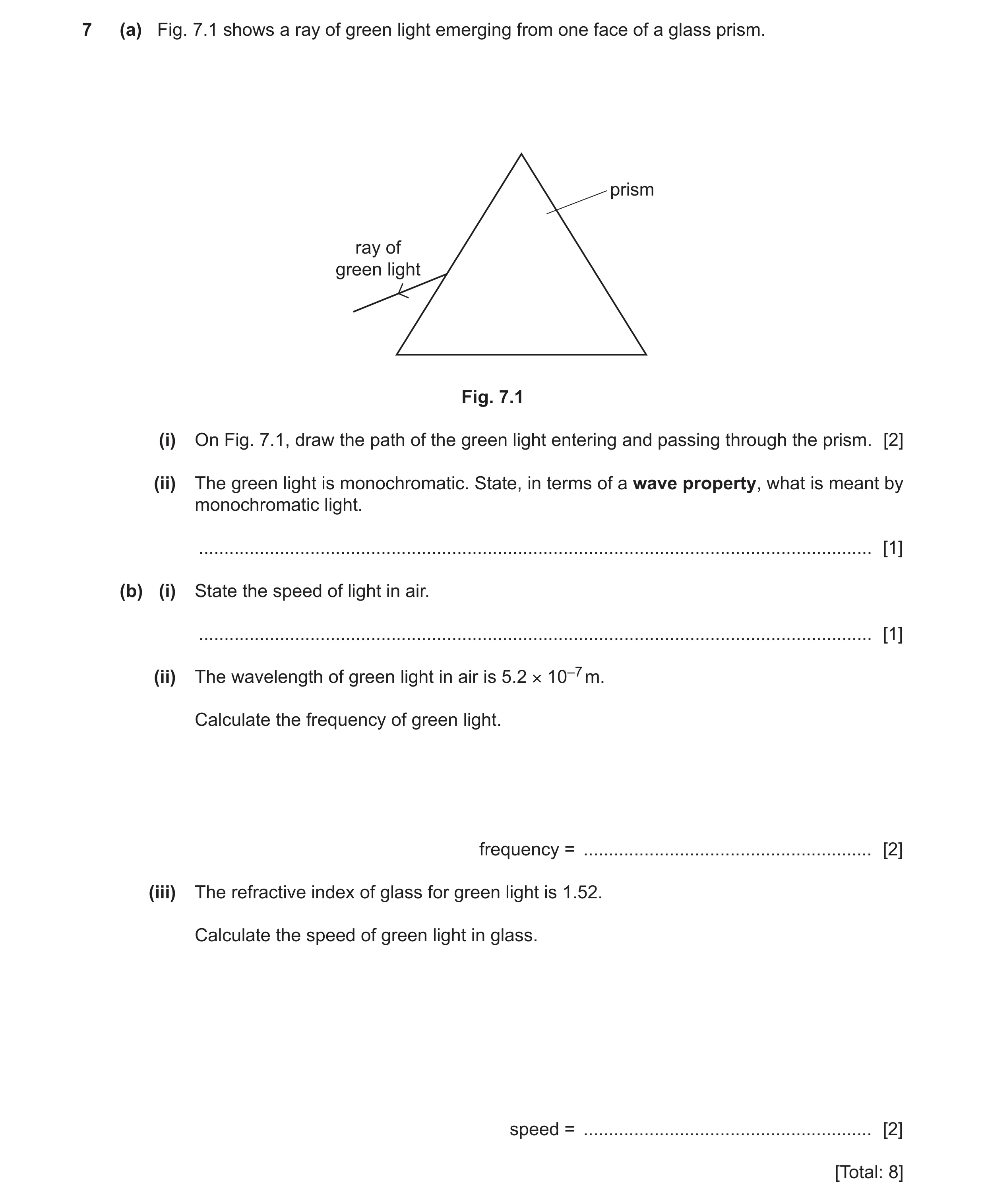 Question 31: (a) Fig. 7.1 shows a ray of green light emerging from one face of a glass prism. prism ray of green light Fig. 7.1 (i) On Fig. 7.1, draw th…