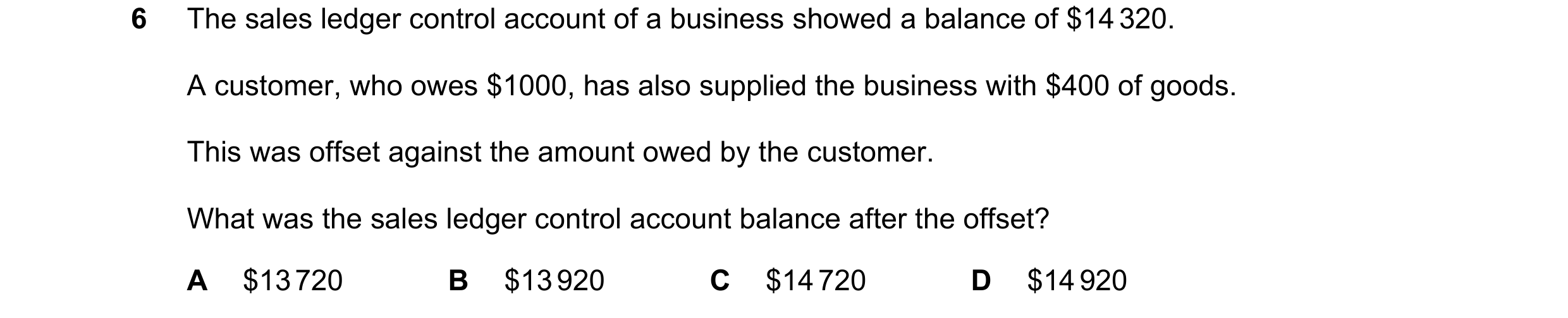 Question 255: The sales ledger control account of a business showed a balance of $14 320. A customer, who owes $1000, has also supplied the business with…