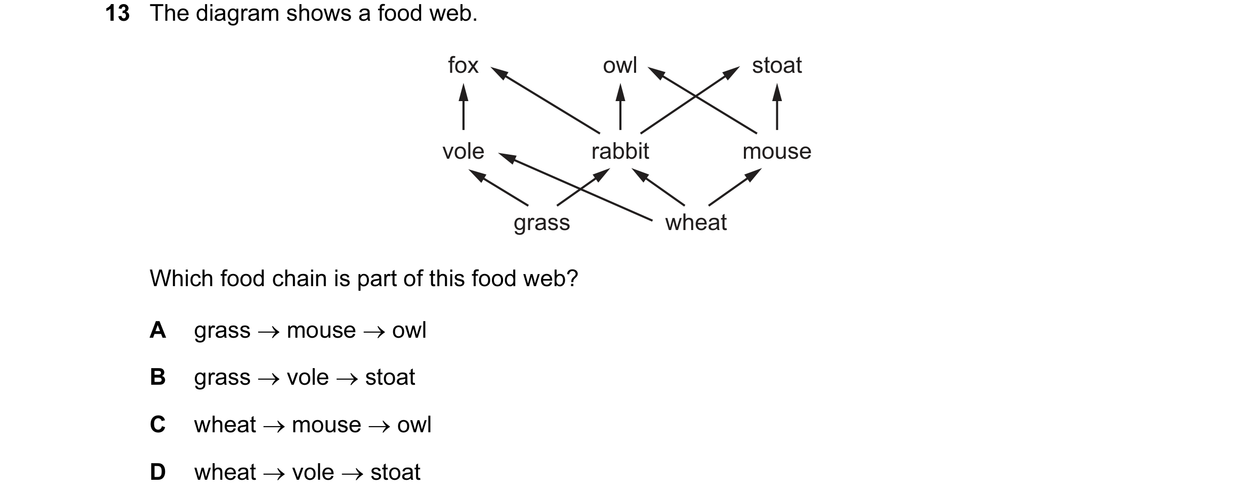 Question 17: The diagram shows a food web. fox owl stoat vole rabbit mouse grass wheat Which food chain is part of this food web? A grass → mouse → owl …