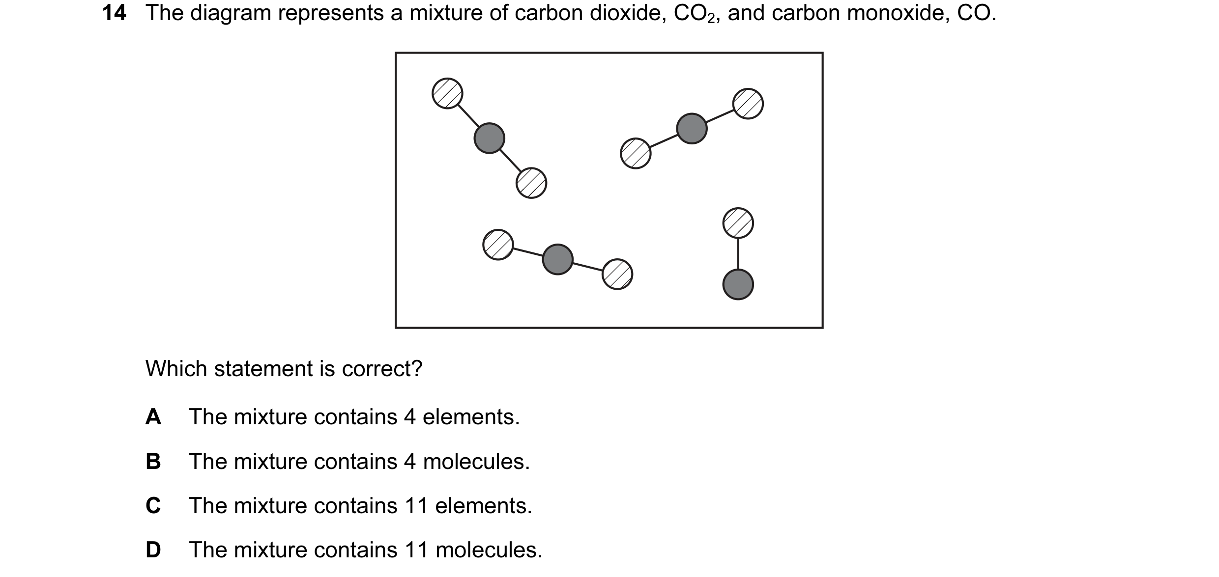 Question 33: The diagram represents a mixture of carbon dioxide, CO2, and carbon monoxide, CO. Which statement is correct? A The mixture contains 4 elem…