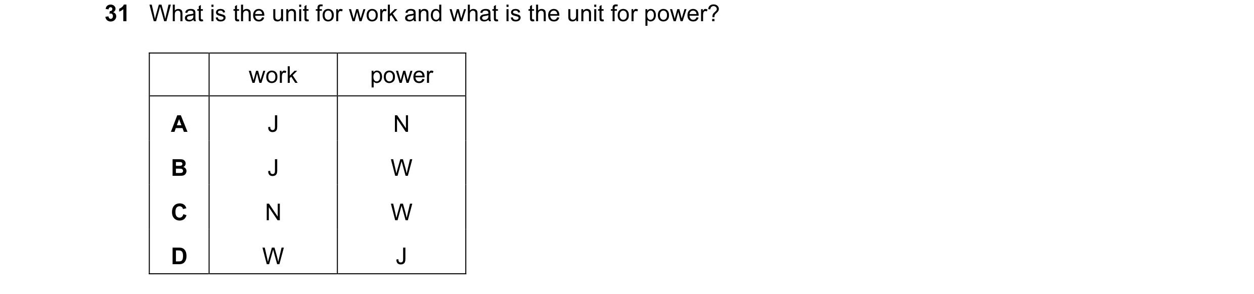 Question 47: What is the unit for work and what is the unit for power? work power A J N B J W C N W D W J