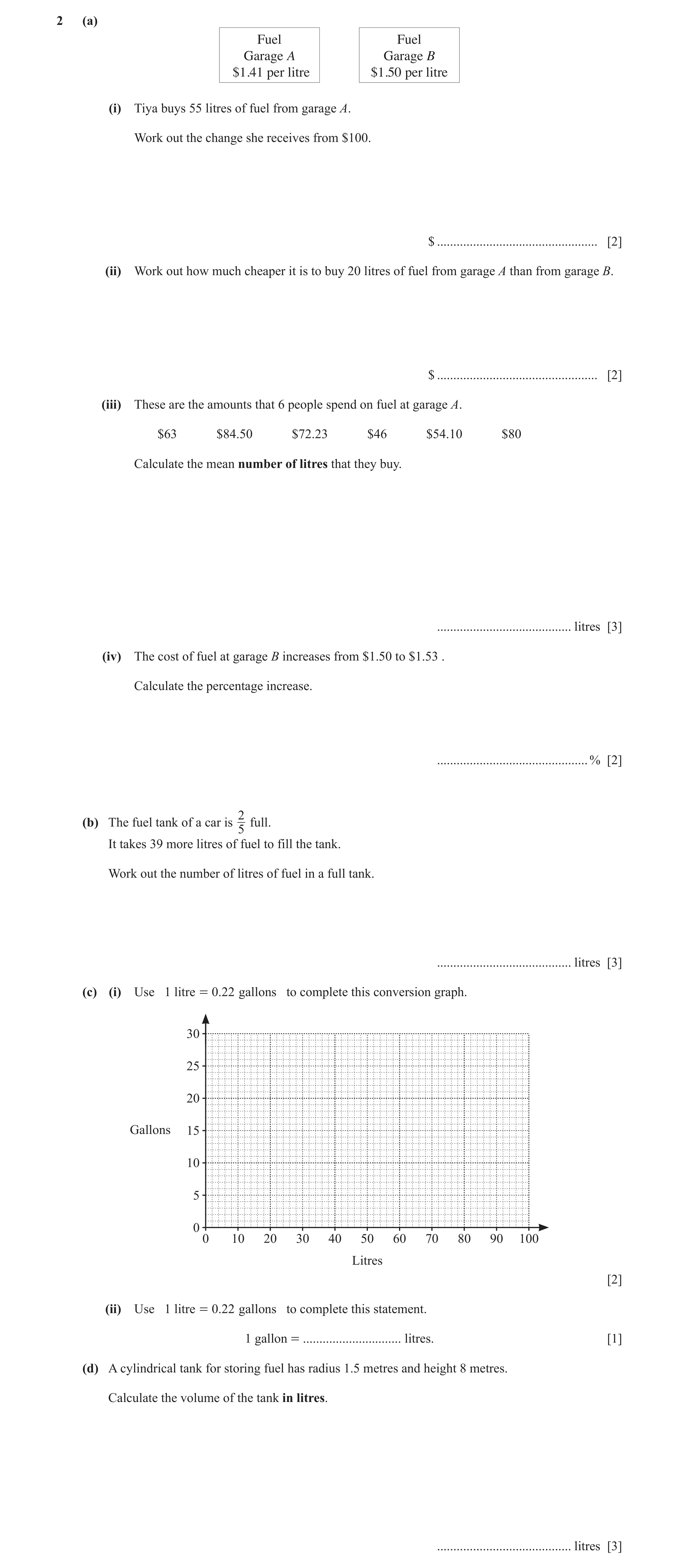 Question 69: (a) Fuel Fuel Garage A Garage B $1.41 per litre $1.50 per litre (i) Tiya buys 55 litres of fuel from garage A. Work out the change she rece…