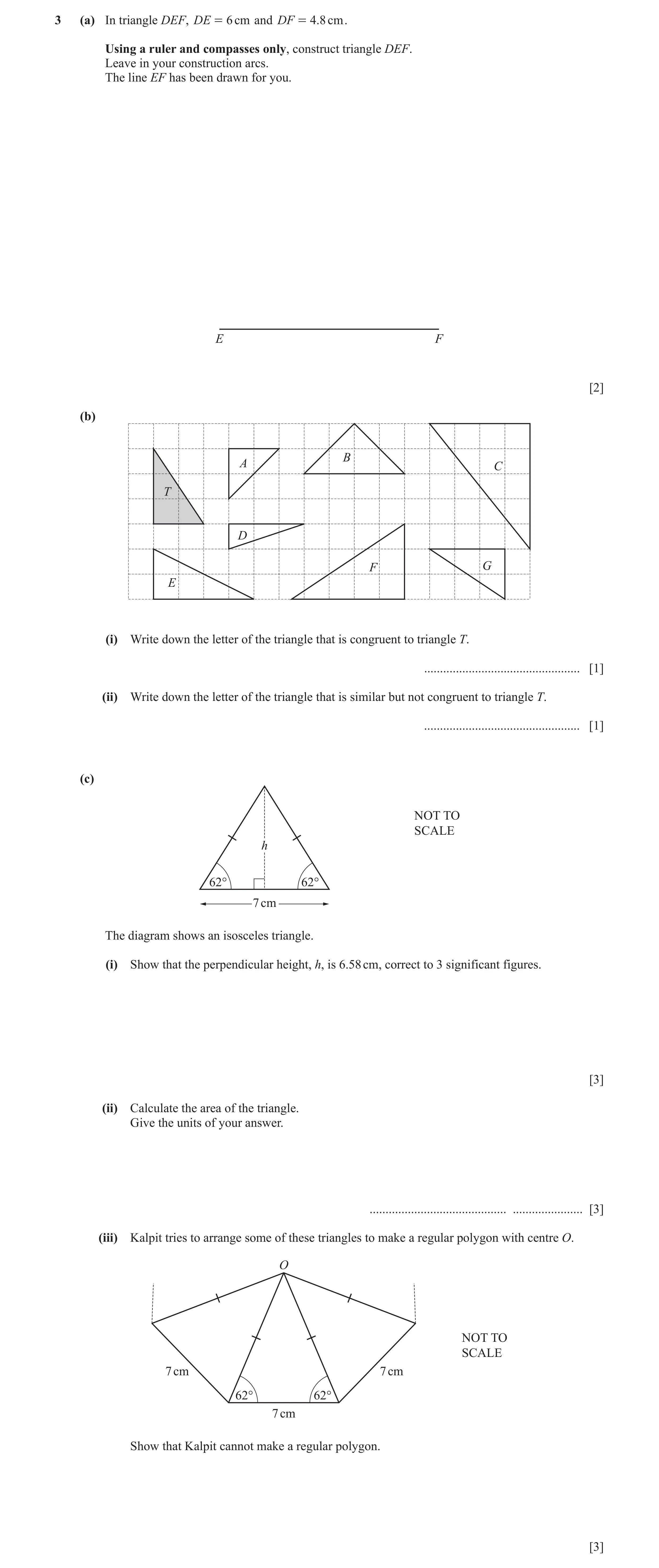 Question 8: (a) In triangle DEF, DE = 6 cm and DF = 4. 8 cm . Using a ruler and compasses only, construct triangle DEF. Leave in your construction arcs…