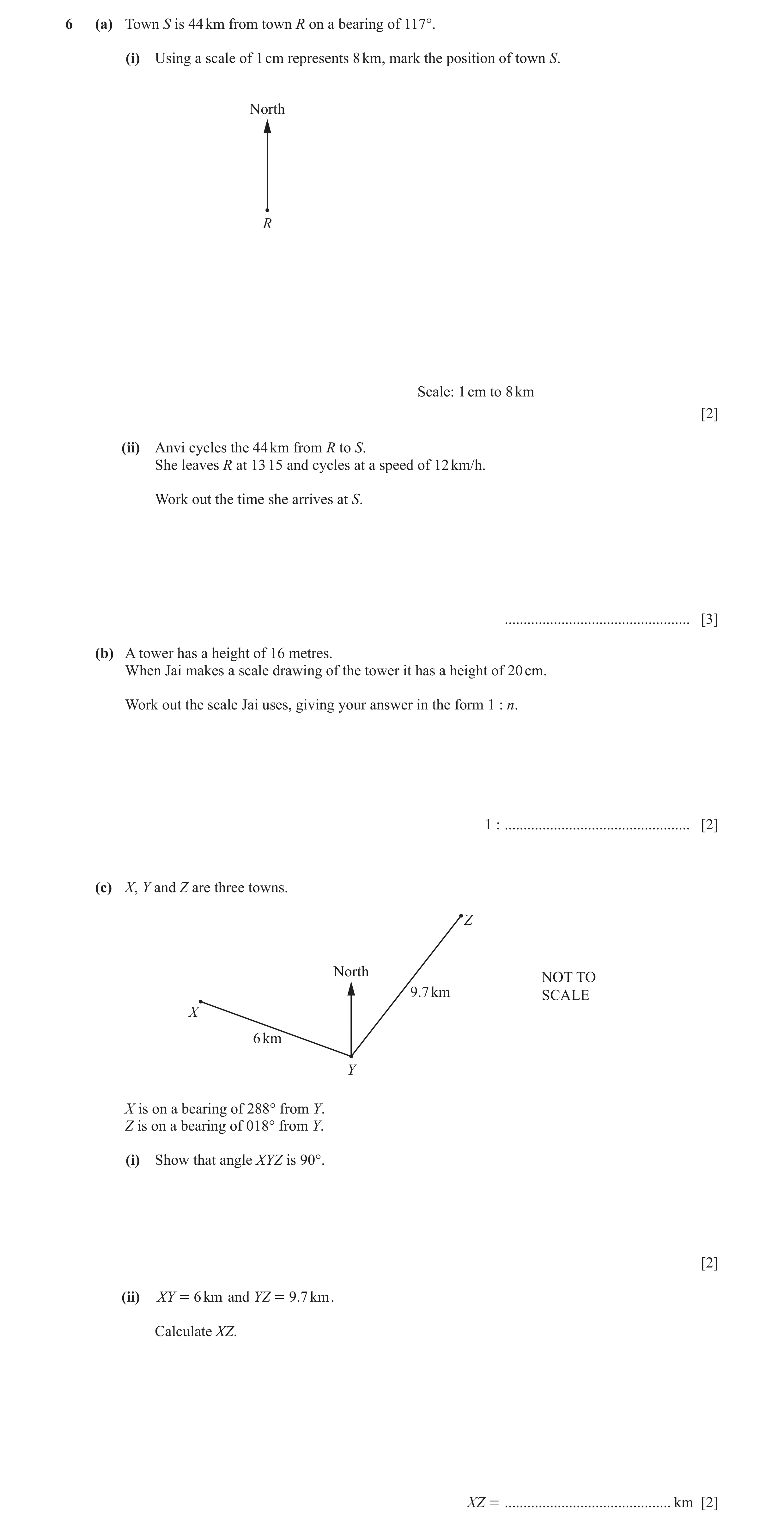 Question 77: (a) Town S is 44 km from town R on a bearing of 117°. (i) Using a scale of 1 cm represents 8 km, mark the position of town S. North R Scale…