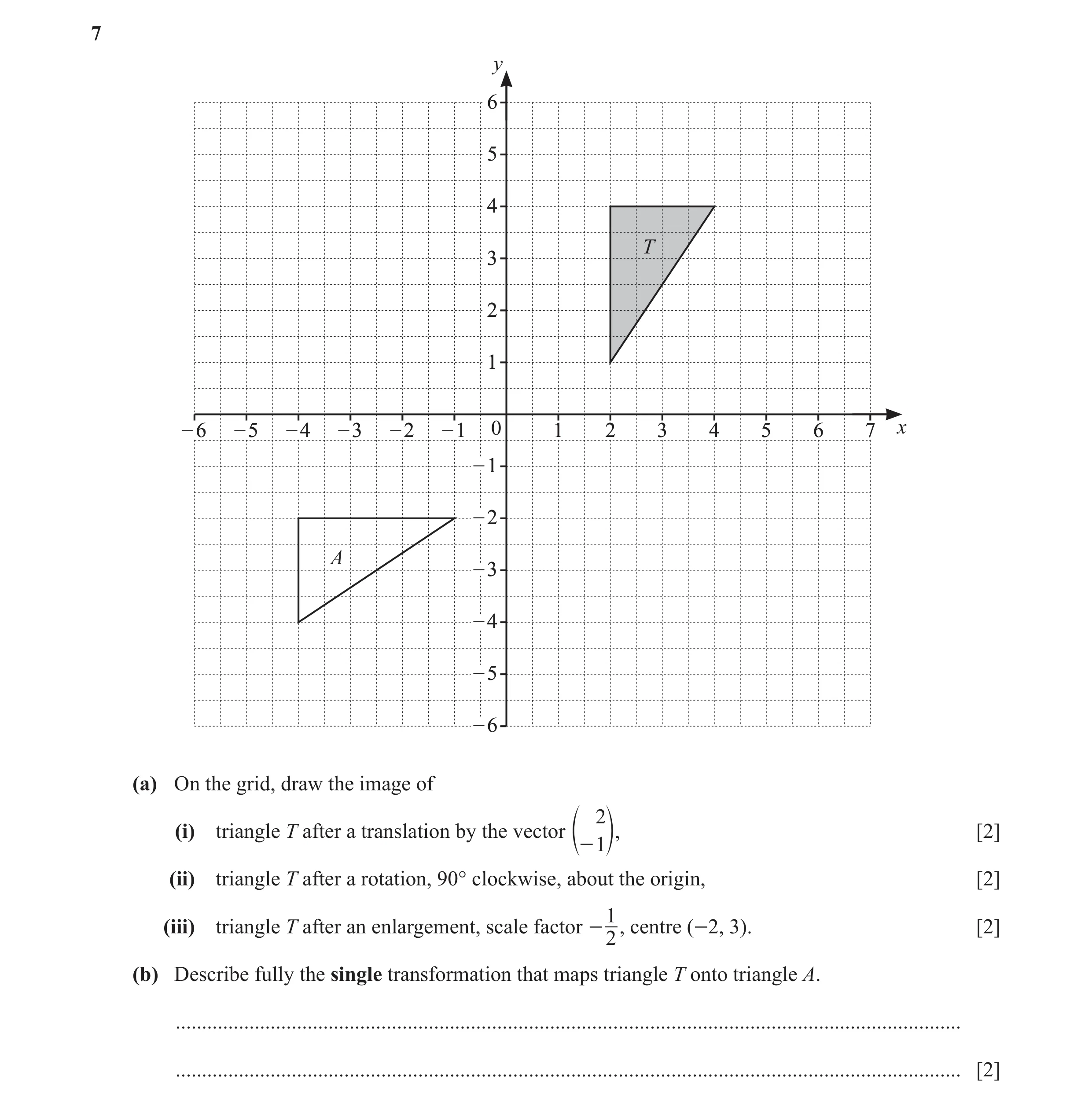 Question 24: y 6 5 4 T 3 2 1 –– 66 –– 55 –– 44 –– 33 –– 22 –– 11 0 1 2 3 4 5 6 7 x –– 11 –– 22 A –– 33 –– 44 –– 55 –– 66 (a) On the grid, draw the image…