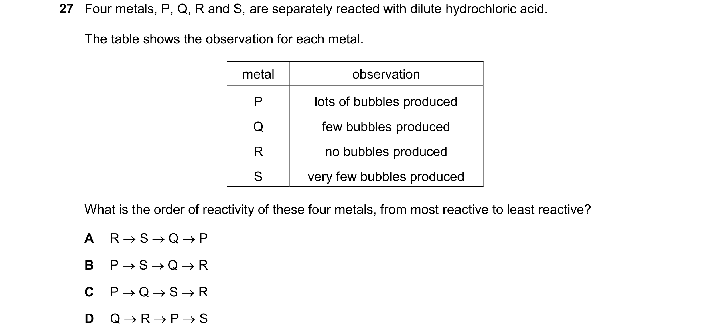 Question 26: Four metals, P, Q, R and S, are separately reacted with dilute hydrochloric acid. The table shows the observation for each metal. metal obs…