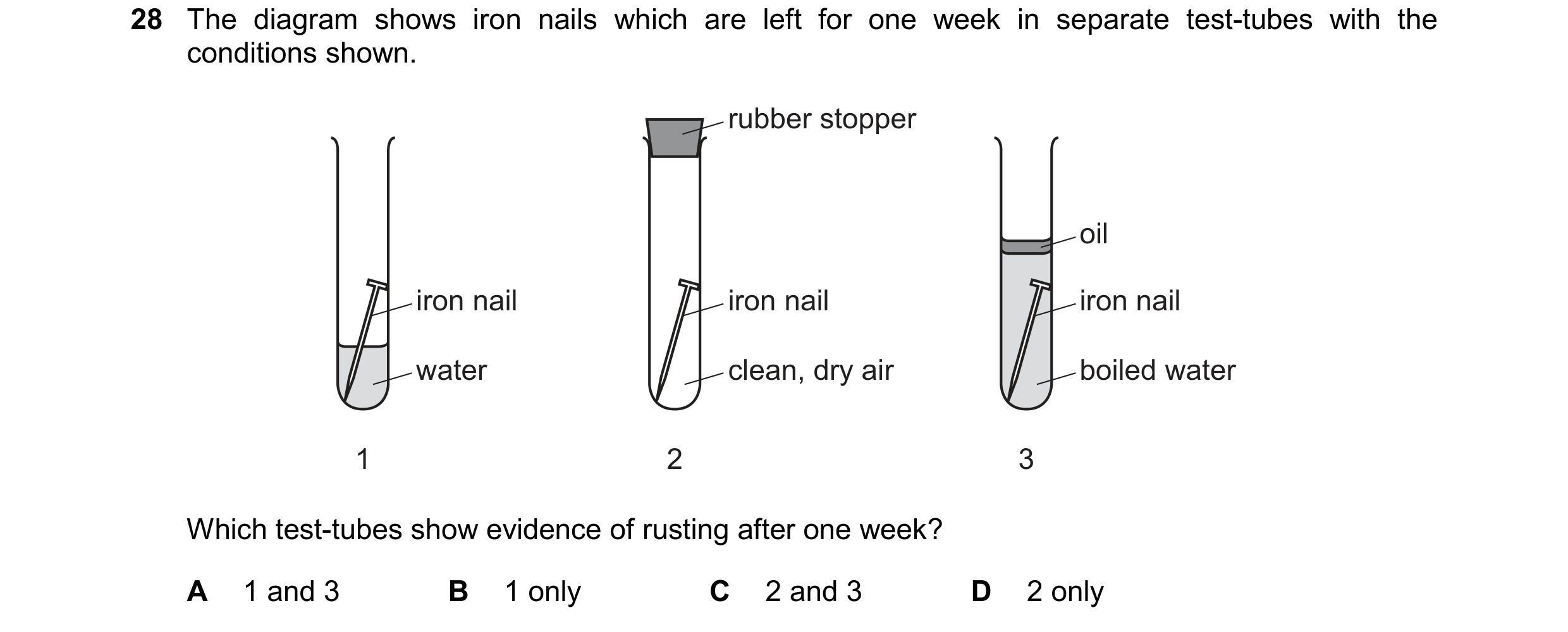 Question 15: The diagram shows iron nails which are left for one week in separate test-tubes with the conditions shown. rubber stopper oil iron nail iro…