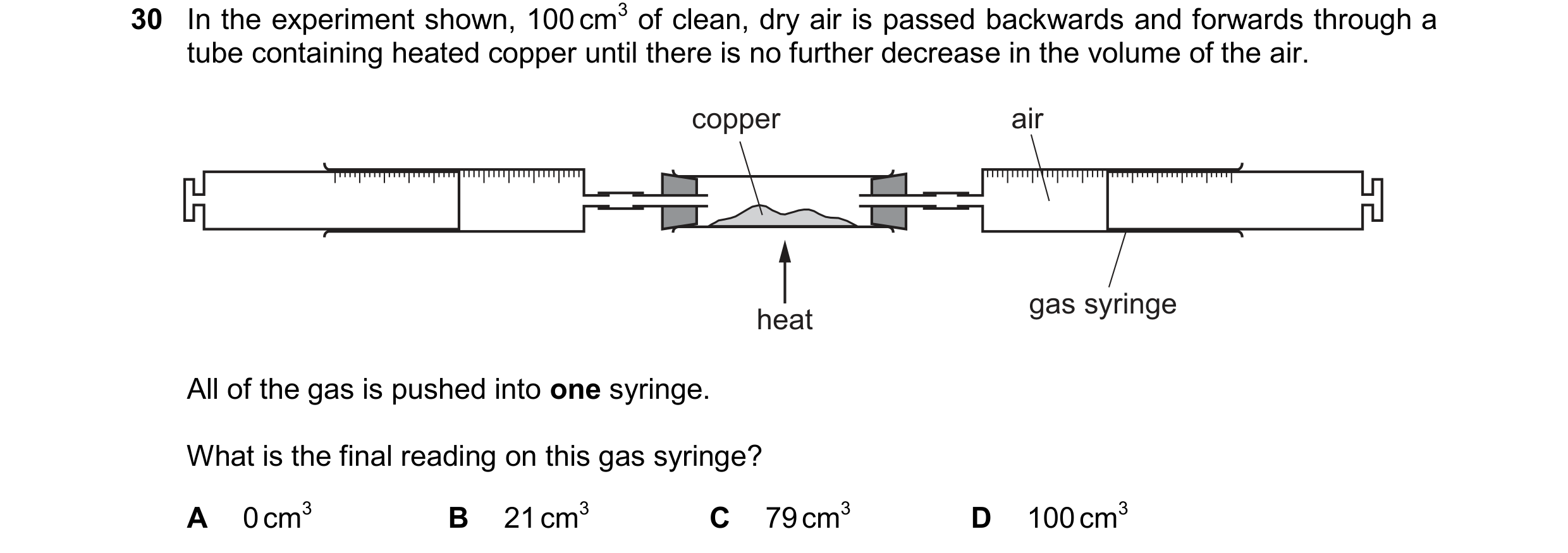 Question 40: In the experiment shown, 100 cm3 of clean, dry air is passed backwards and forwards through a tube containing heated copper until there is …