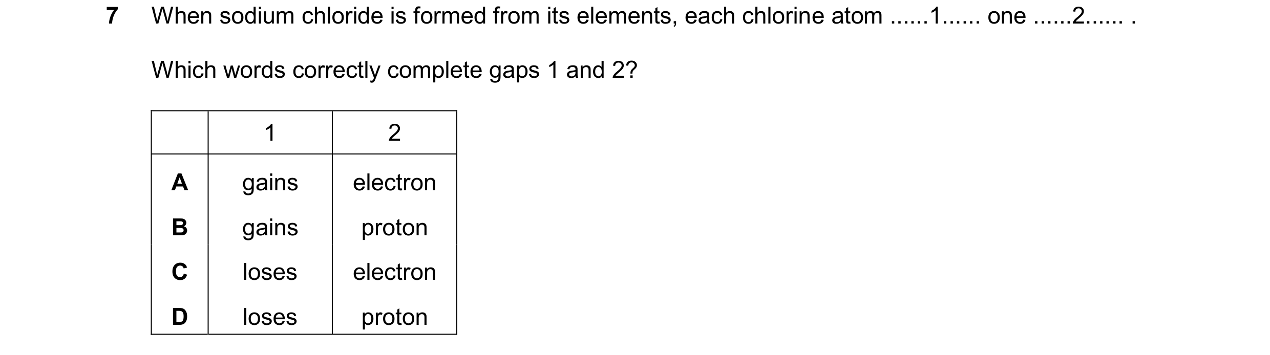 Question 22: When sodium chloride is formed from its elements, each chlorine atom ......1...... one ......2...... . Which words correctly complete gaps …