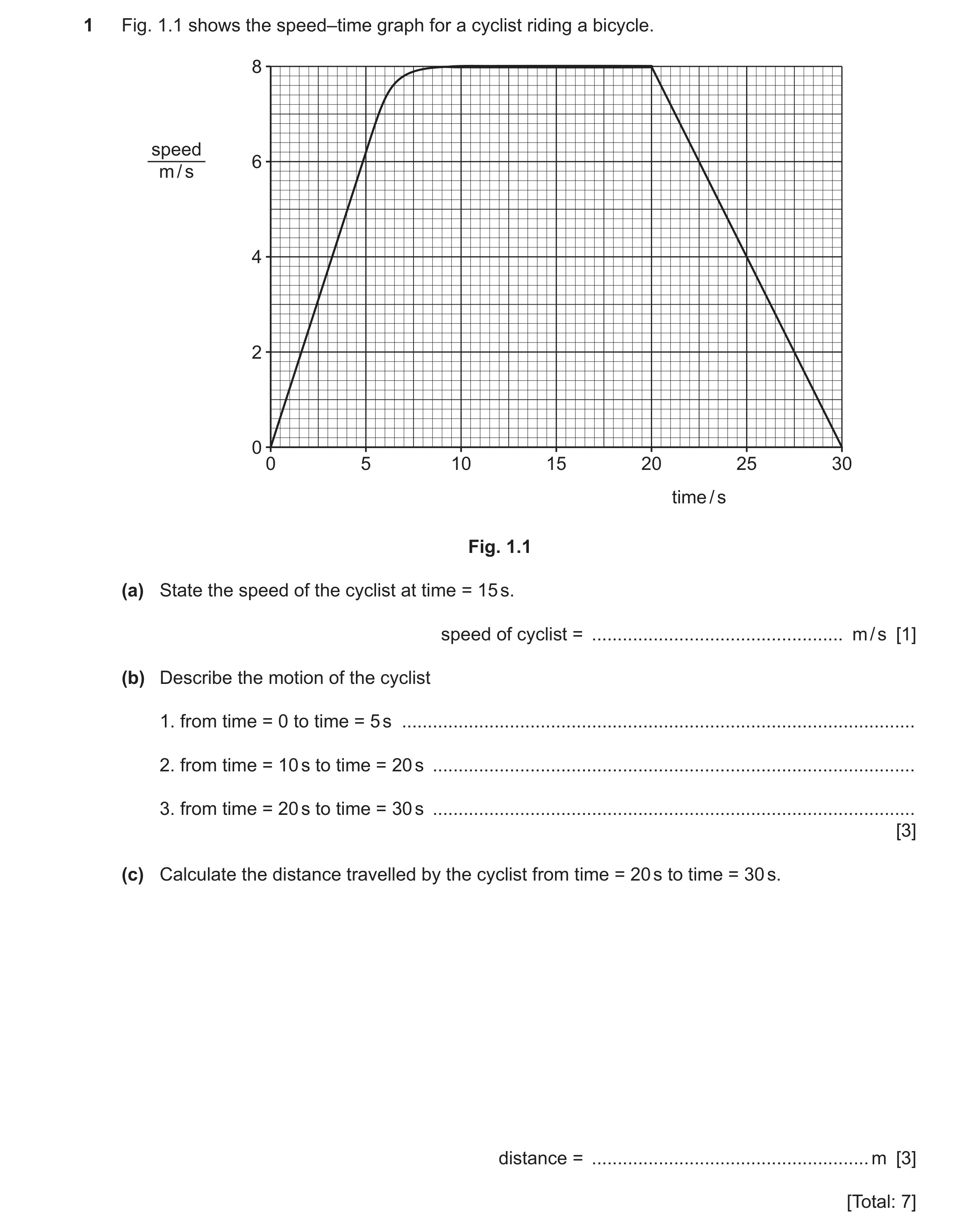 Question 63: Fig. 1.1 shows the speed–time graph for a cyclist riding a bicycle. 8 speed 6 m / s 4 2 0 0 5 10 15 20 25 30 time / s Fig. 1.1 (a) State th…