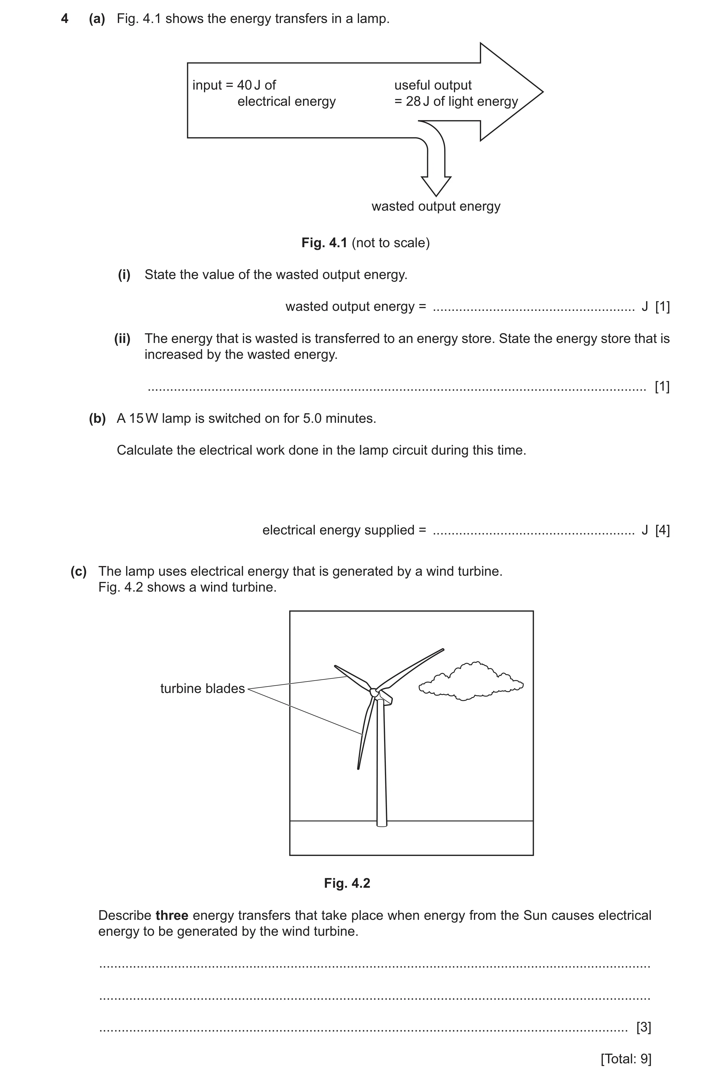 Question 133: (a) Fig. 4.1 shows the energy transfers in a lamp. input = 40 J of useful output electrical energy = 28 J of light energy wasted output ene…