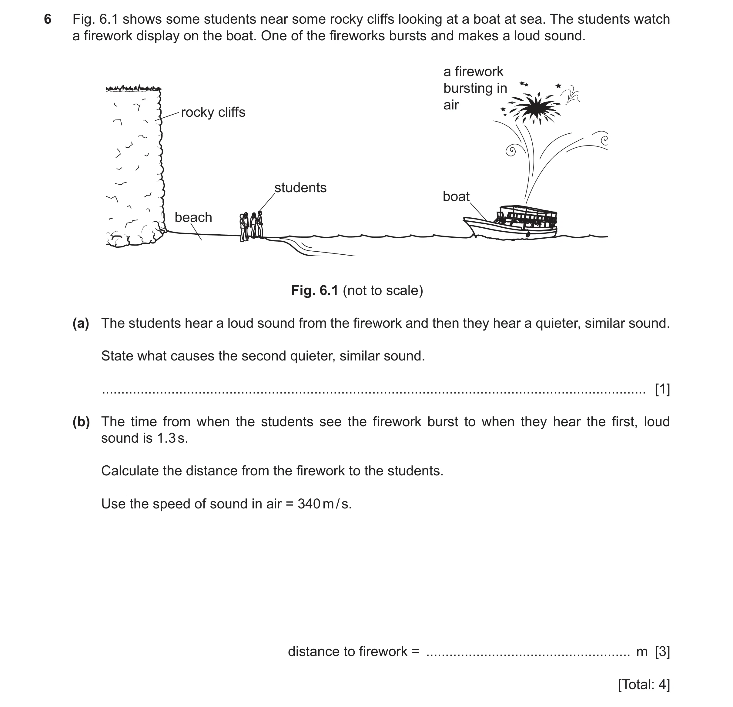 Question 24: Fig. 6.1 shows some students near some rocky cliffs looking at a boat at sea. The students watch a firework display on the boat. One of the…