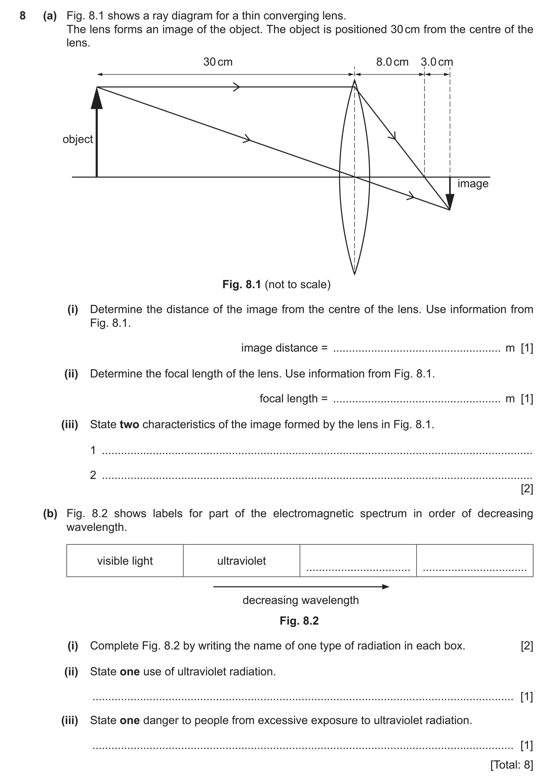 Question 38: (a) Fig. 8.1 shows a ray diagram for a thin converging lens. The lens forms an image of the object. The object is positioned 30 cm from the…