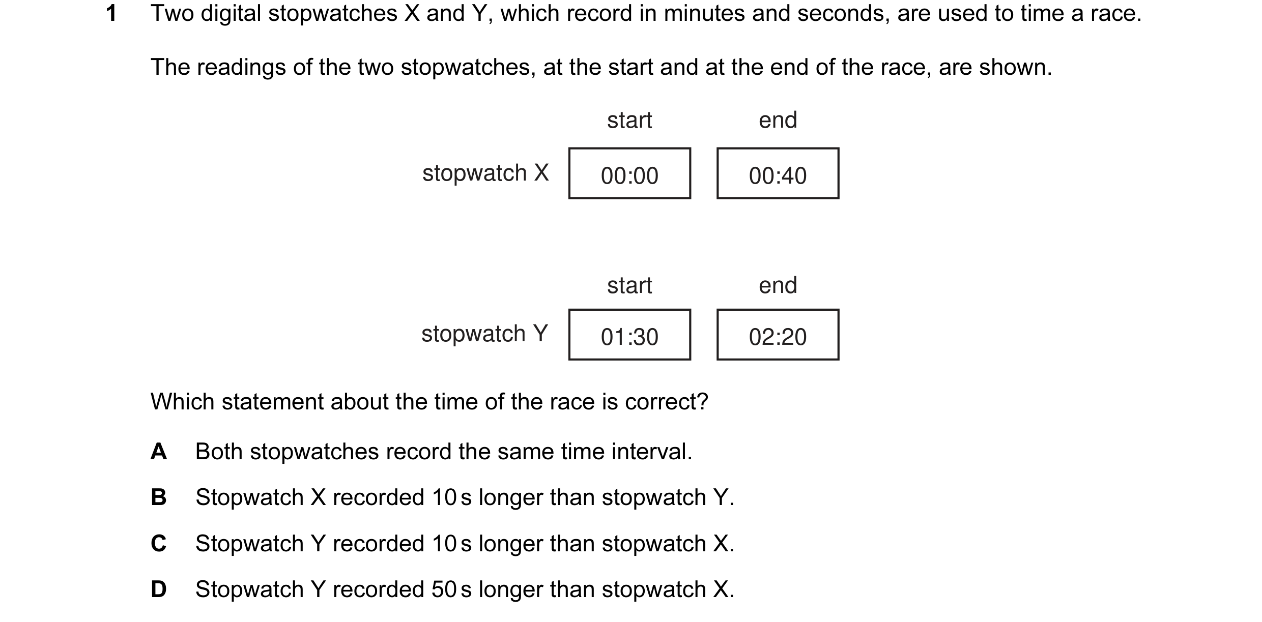 Question 14: Two digital stopwatches X and Y, which record in minutes and seconds, are used to time a race. The readings of the two stopwatches, at the …