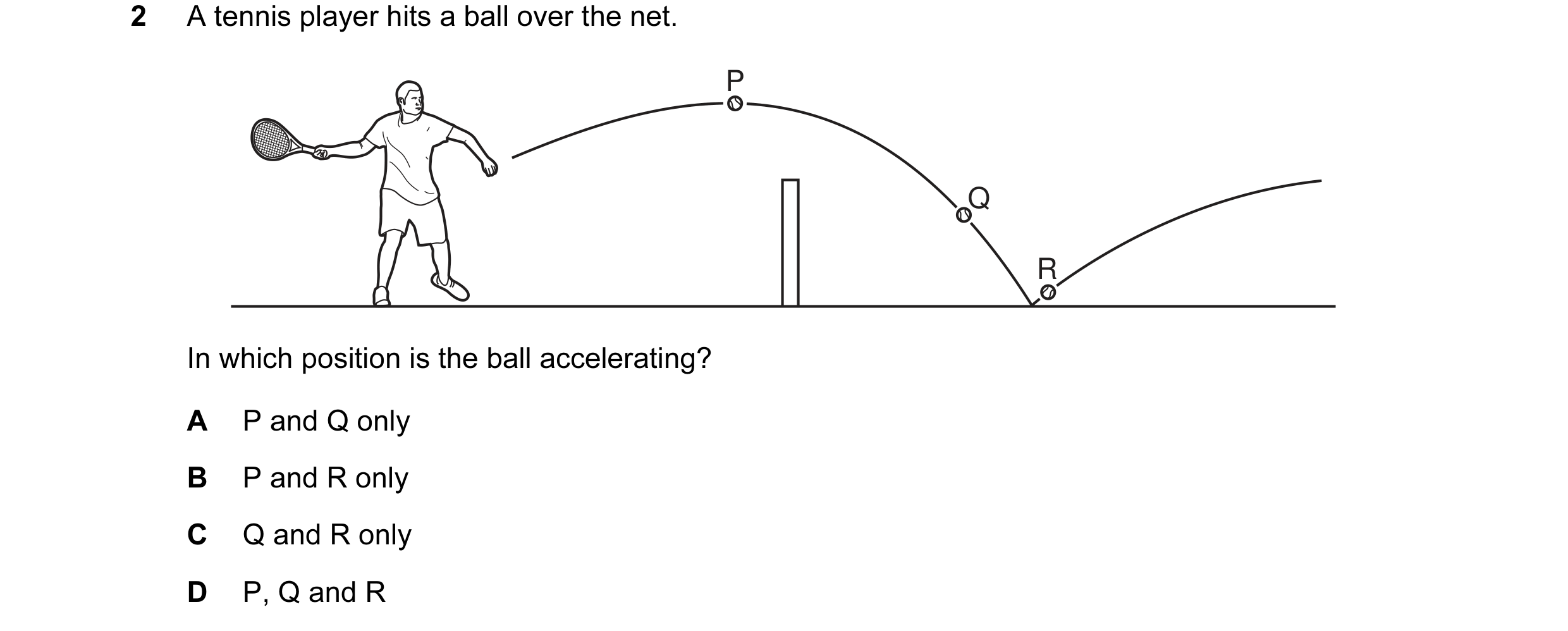 Question 17: A tennis player hits a ball over the net. P Q R In which position is the ball accelerating? A P and Q only B P and R only C Q and R only D …