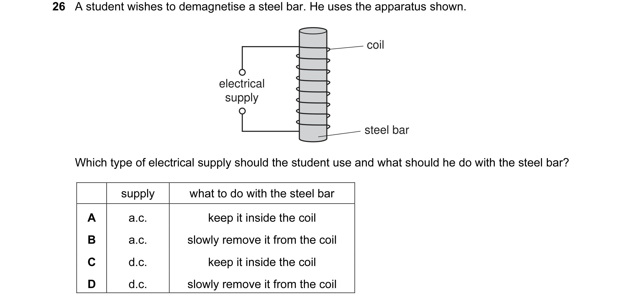 Question 15: A student wishes to demagnetise a steel bar. He uses the apparatus shown. coil electrical supply steel bar Which type of electrical supply …