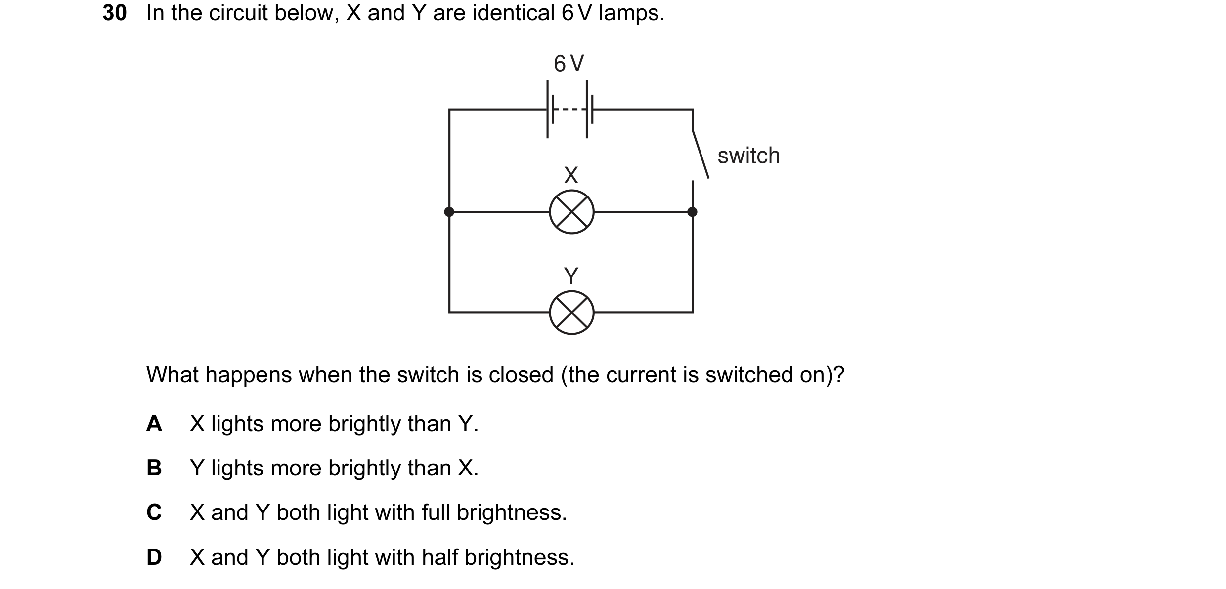 Question 28: In the circuit below, X and Y are identical 6 V lamps. 6 V switch X Y What happens when the switch is closed (the current is switched on)? …