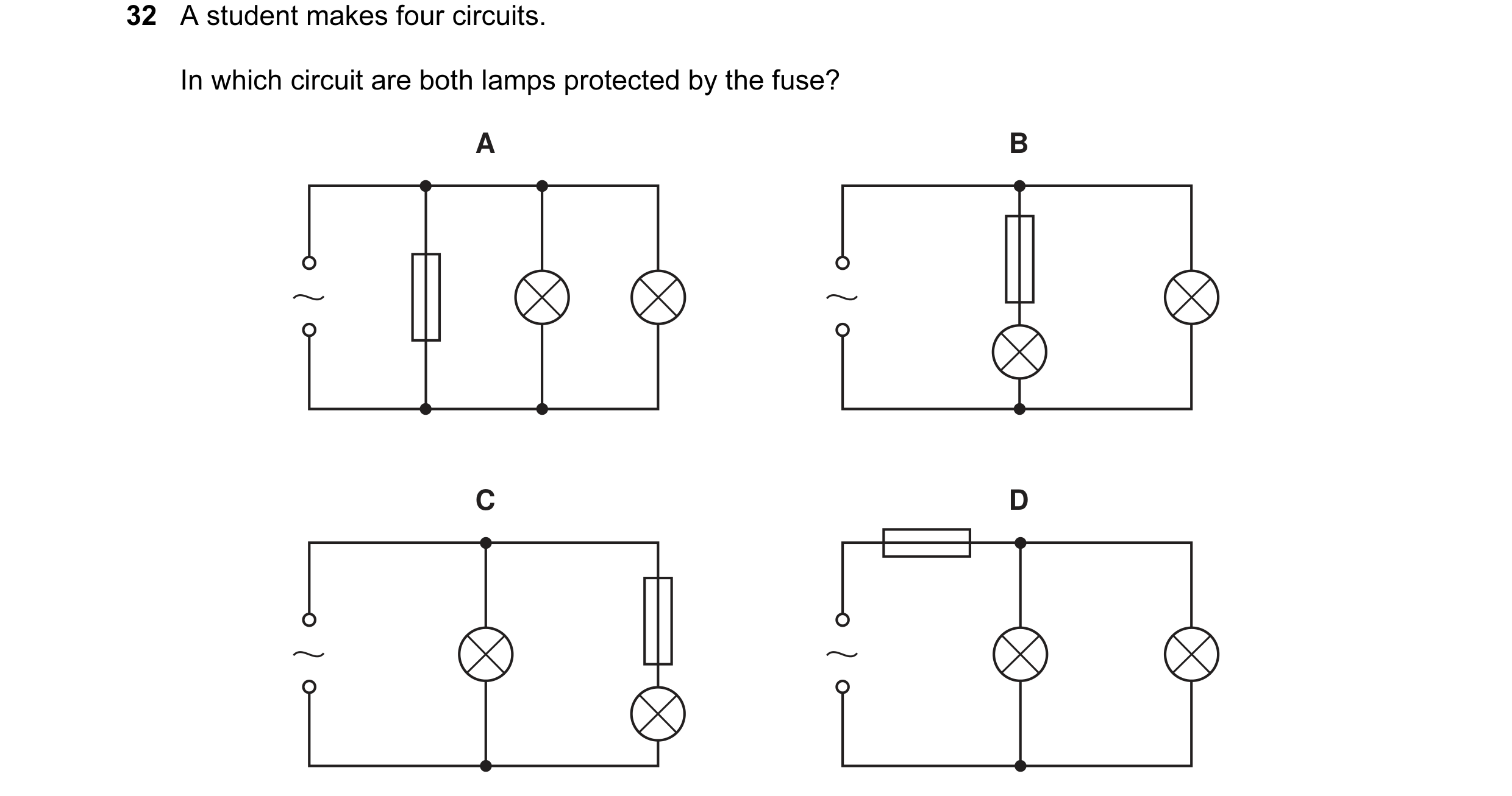 Question 11: A student makes four circuits. In which circuit are both lamps protected by the fuse? A B C D