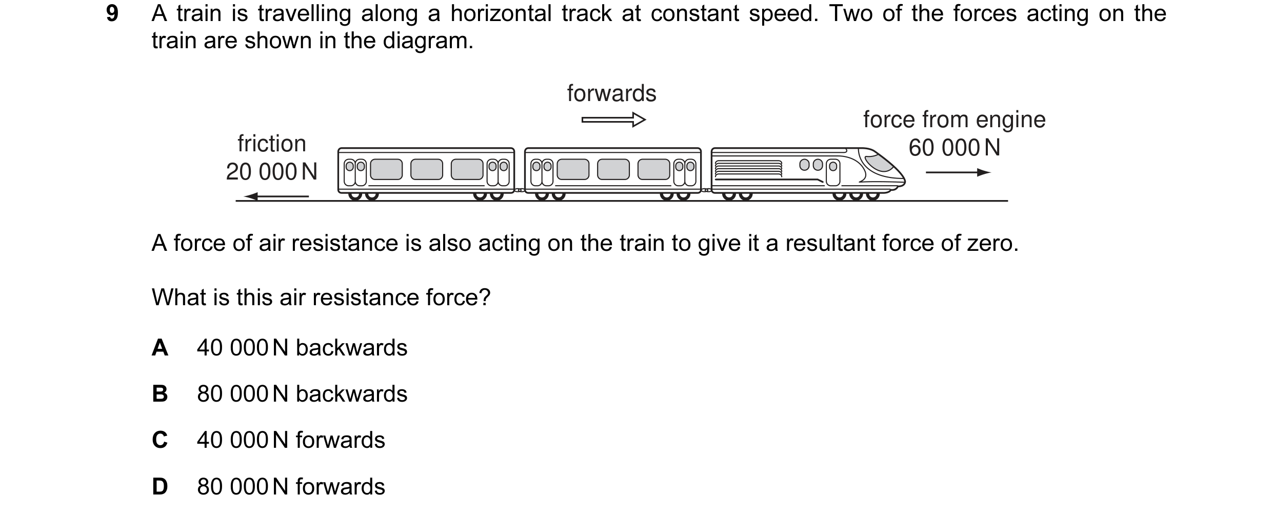 Question 23: A train is travelling along a horizontal track at constant speed. Two of the forces acting on the train are shown in the diagram. forwards …