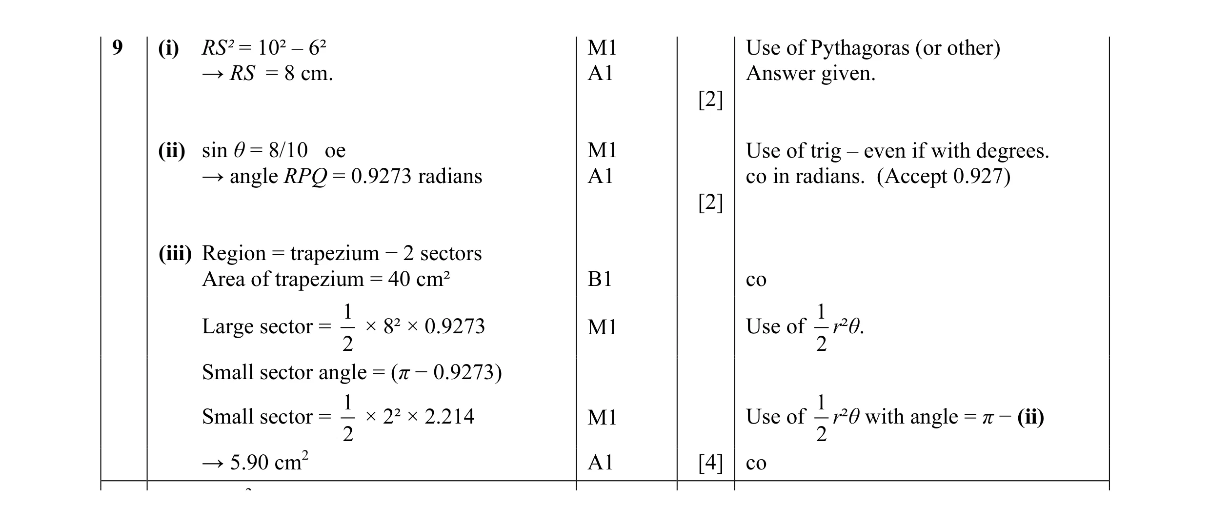 Mark scheme for question 9