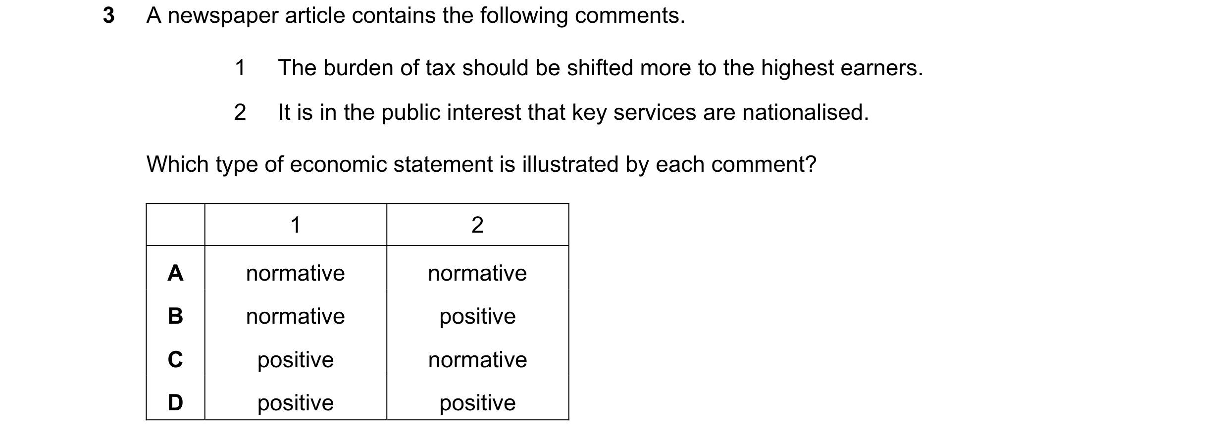 Question 41: A newspaper article contains the following comments. 1 The burden of tax should be shifted more to the highest earners. 2 It is in the publ…