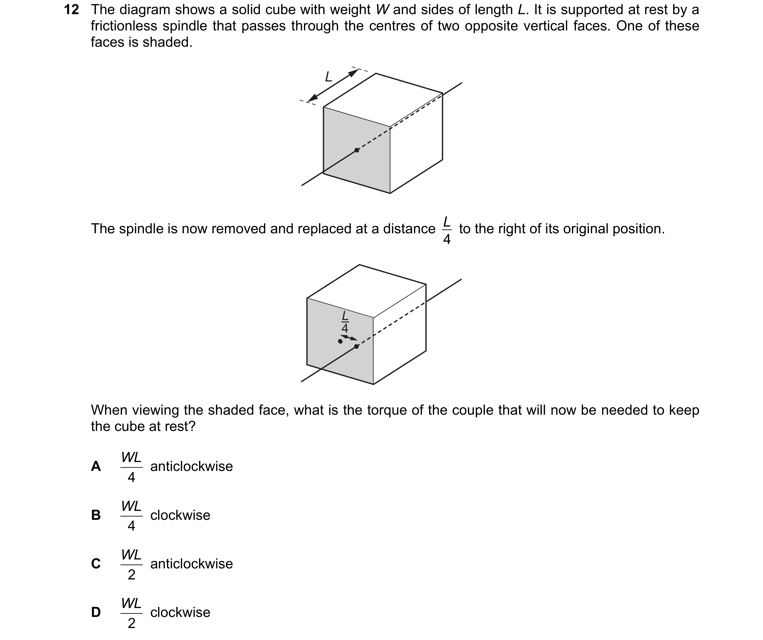 Question 70: The diagram shows a solid cube with weight W and sides of length L. It is supported at rest by a frictionless spindle that passes through t…
