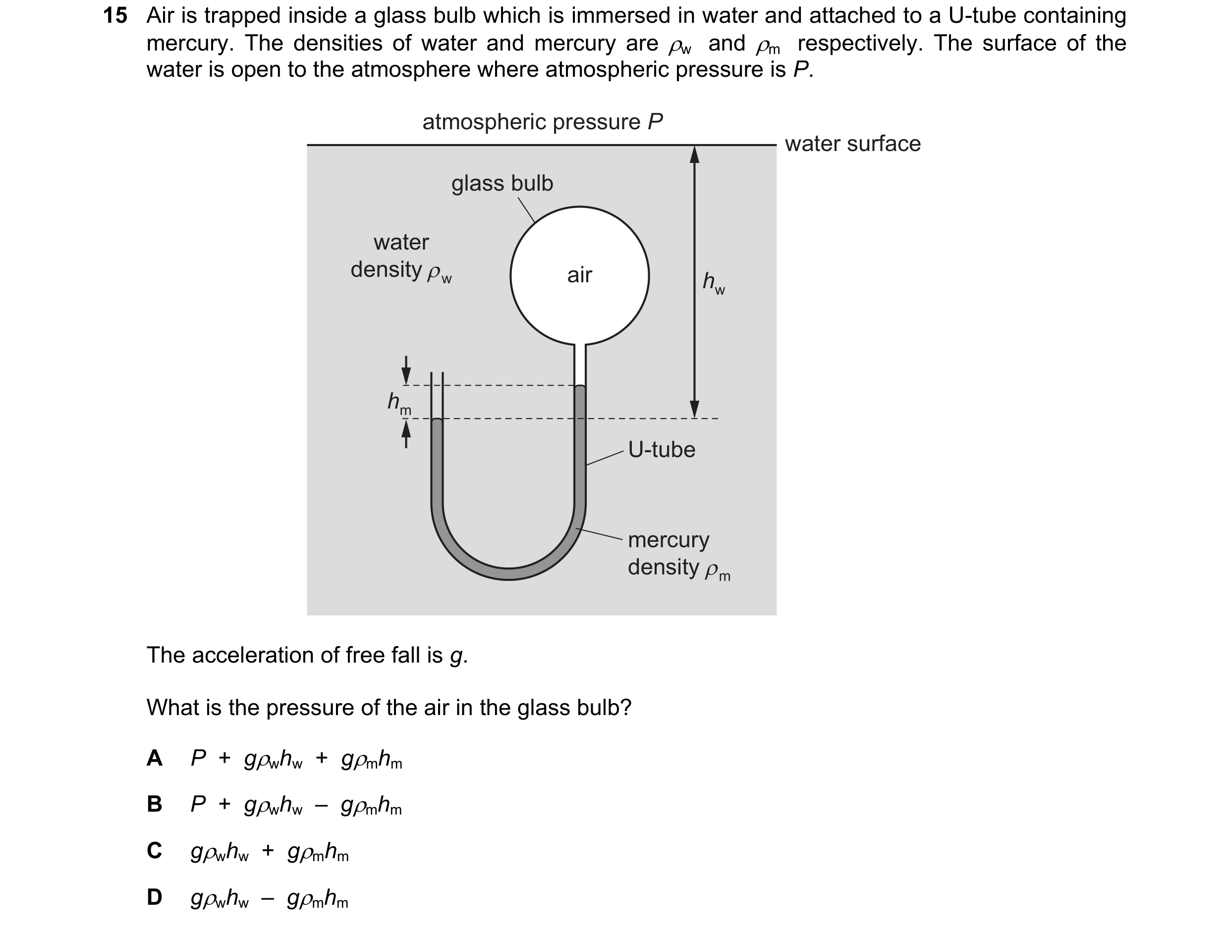 Question 88: Air is trapped inside a glass bulb which is immersed in water and attached to a U-tube containing mercury. The densities of water and mercu…
