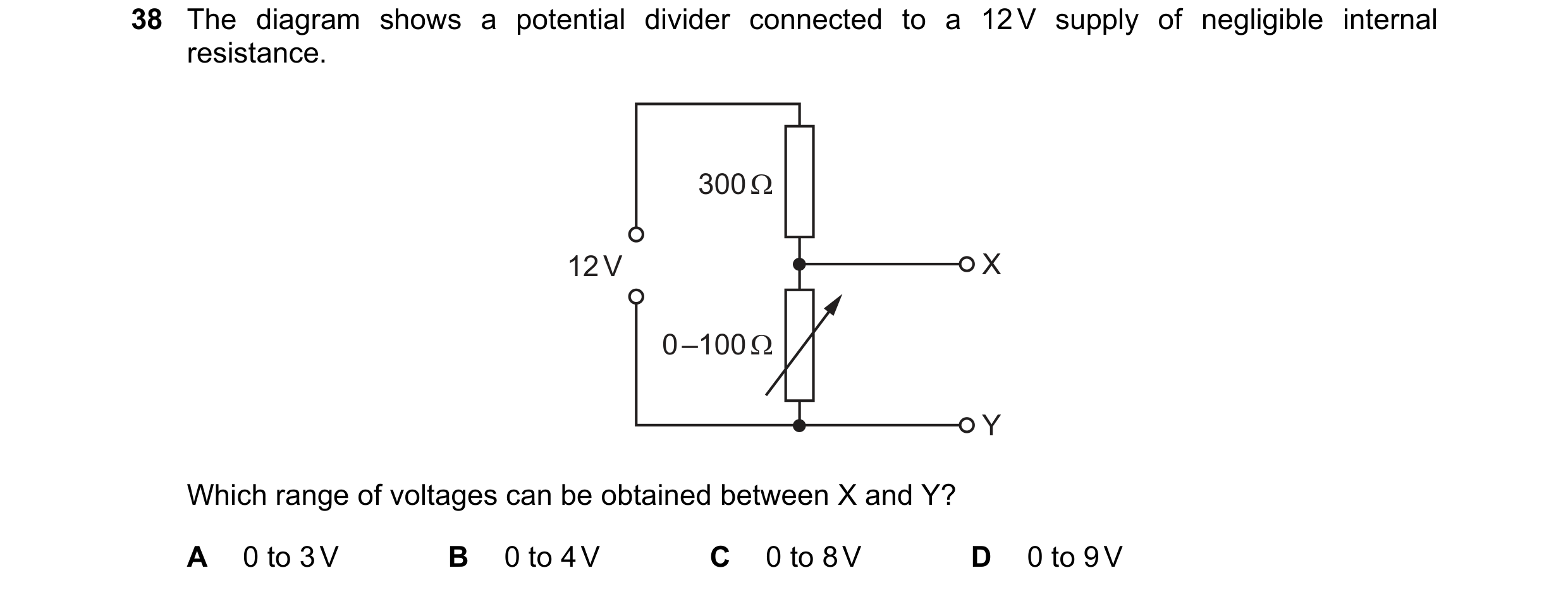 Question 64: The diagram shows a potential divider connected to a 12 V supply of negligible internal resistance. 300 Ω 12 V X 0 –100 Ω Y Which range of …