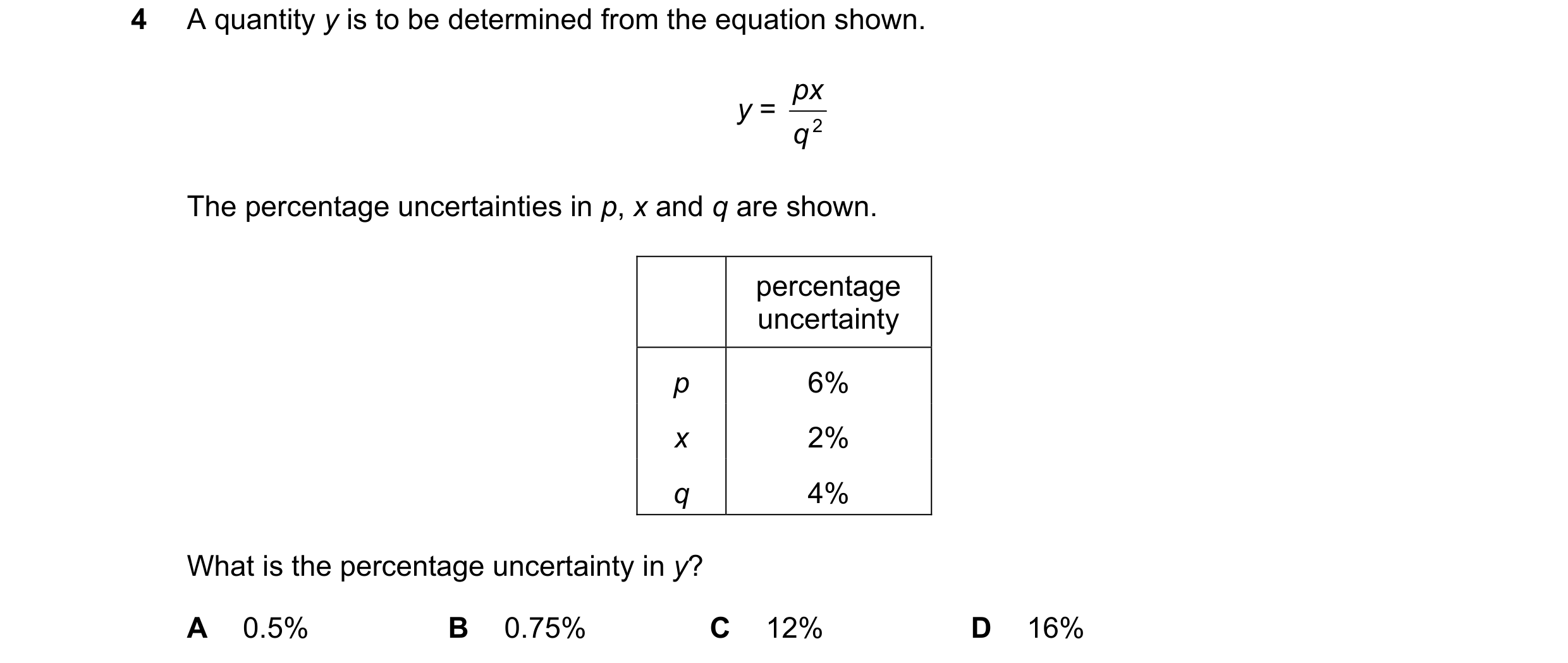 Question 84: A quantity y is to be determined from the equation shown. px y = q 2 The percentage uncertainties in p, x and q are shown. percentage uncer…