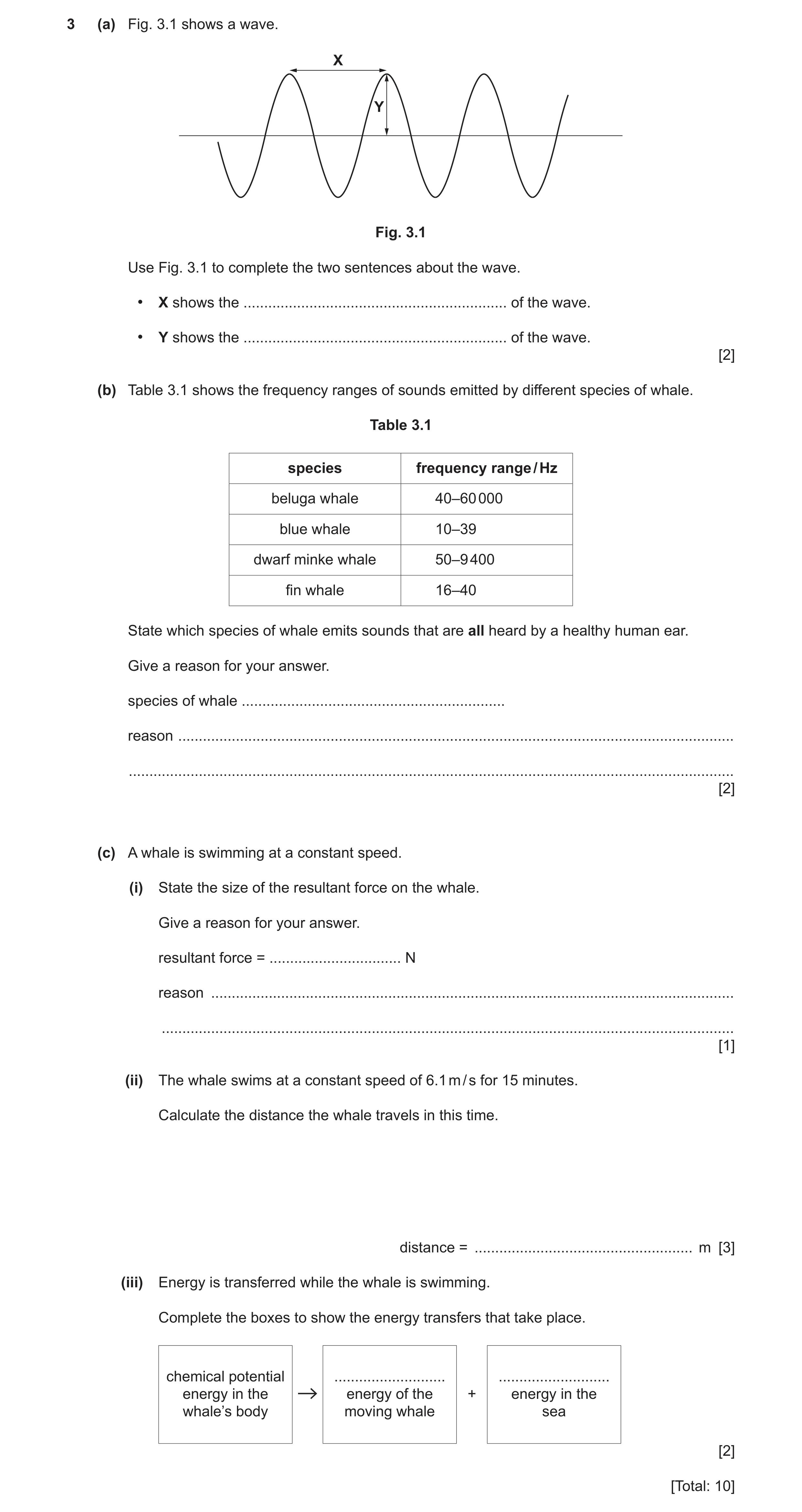 Question 6: (a) Fig. 3.1 shows a wave. X Y Fig. 3.1 Use Fig. 3.1 to complete the two sentences about the wave. • X shows the ..........................…