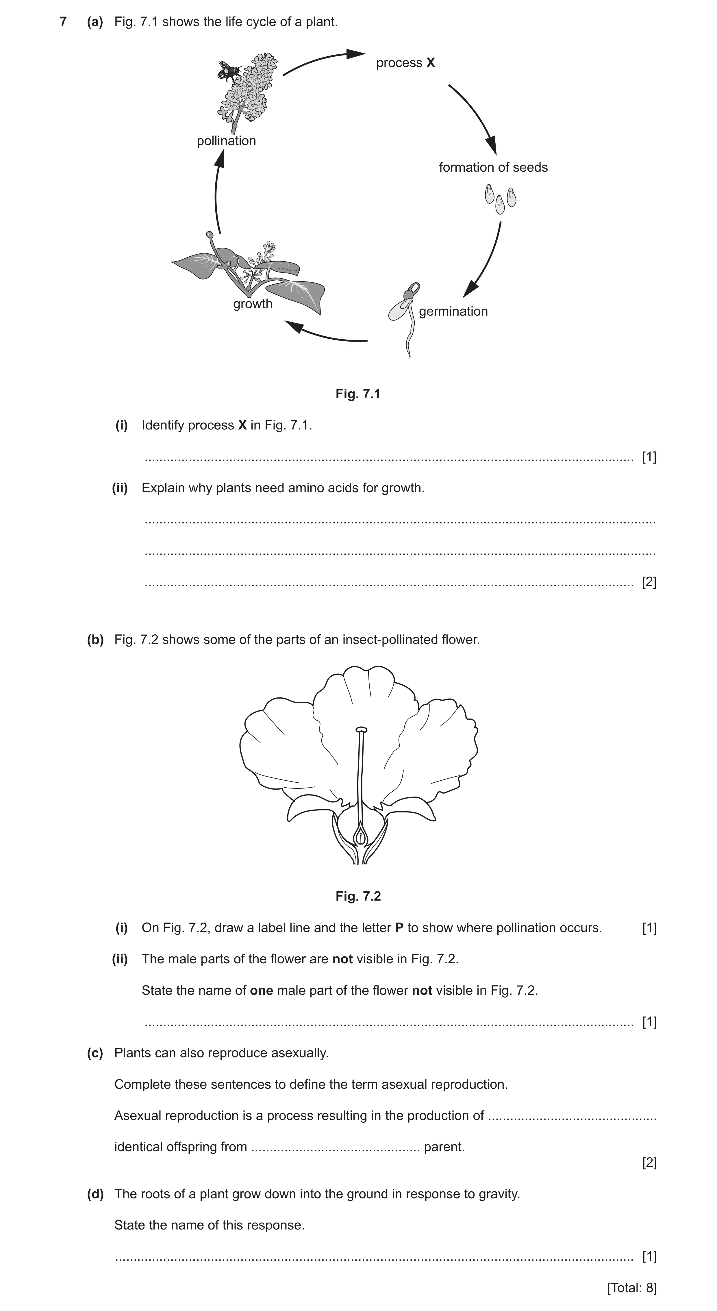Question 14: (a) Fig. 7.1 shows the life cycle of a plant. process X pollination formation of seeds growth germination Fig. 7.1 (i) Identify process X i…