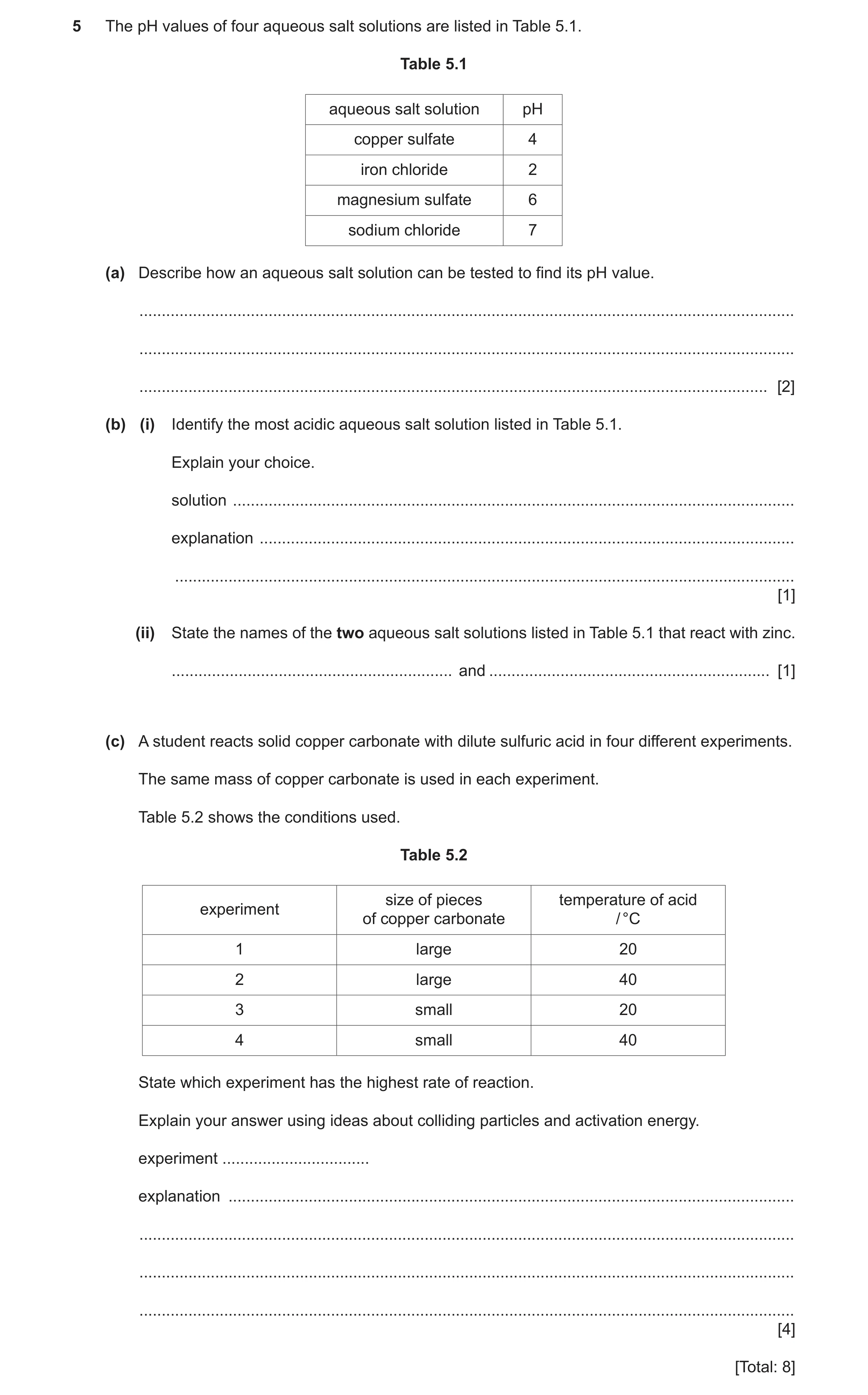 Question 4: The pH values of four aqueous salt solutions are listed in Table 5.1. Table 5.1 aqueous salt solution pH copper sulfate 4 iron chloride 2 m…