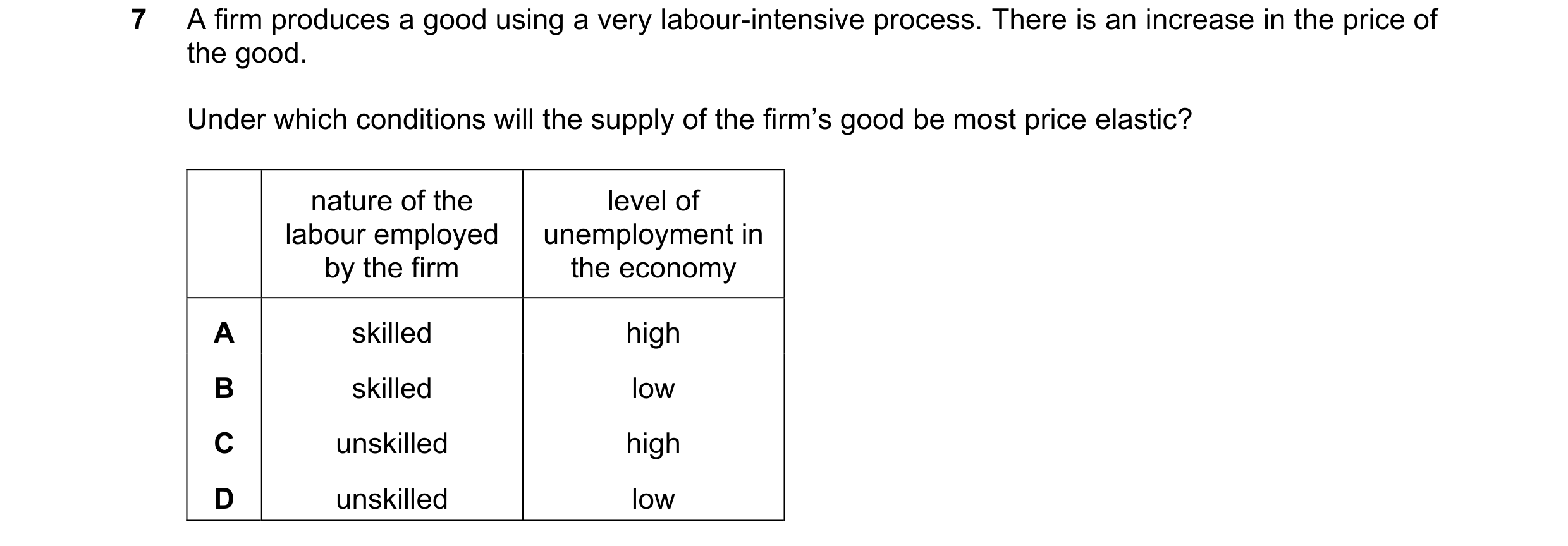 Question 73: A firm produces a good using a very labour-intensive process. There is an increase in the price of the good. Under which conditions will th…