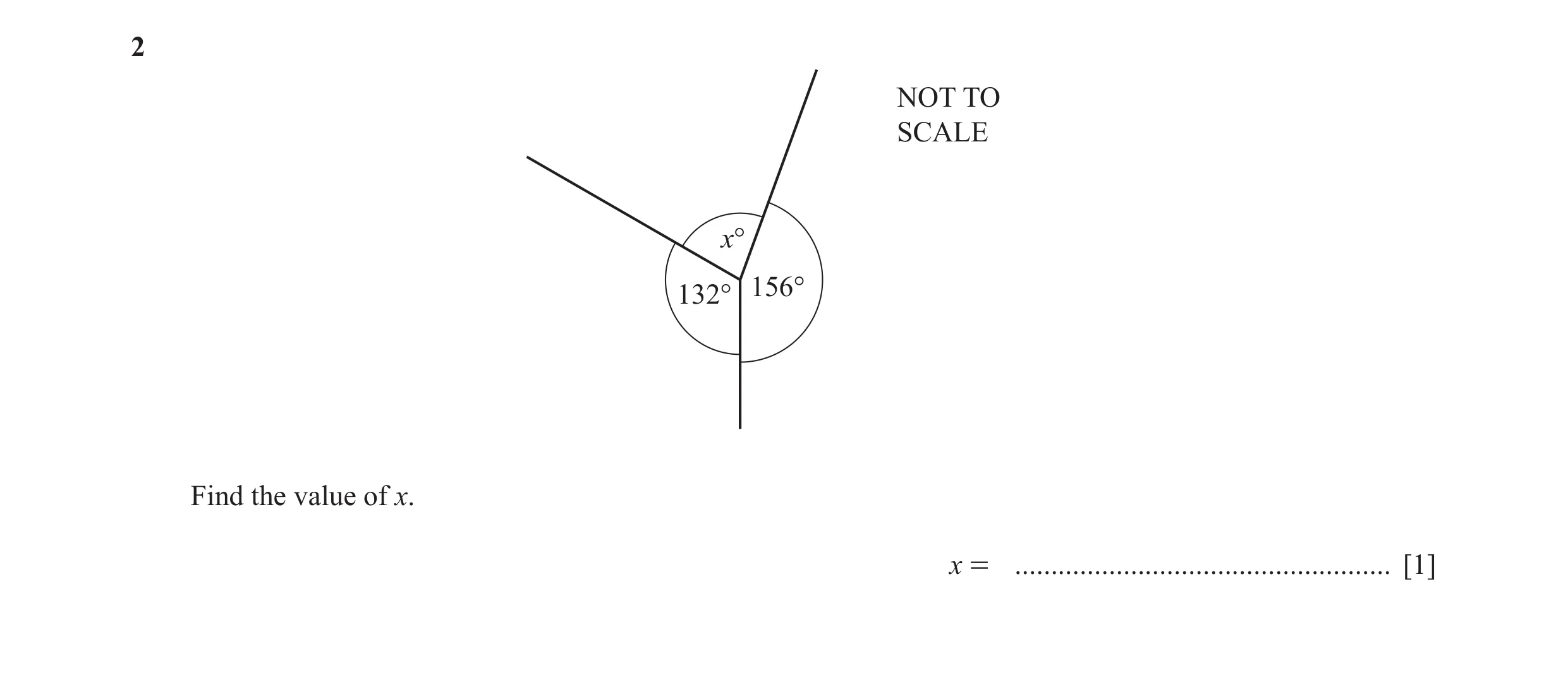 Question 5: NOT TO SCALE x° 132° 156° Find the value of x. x = .................................................... [1]
