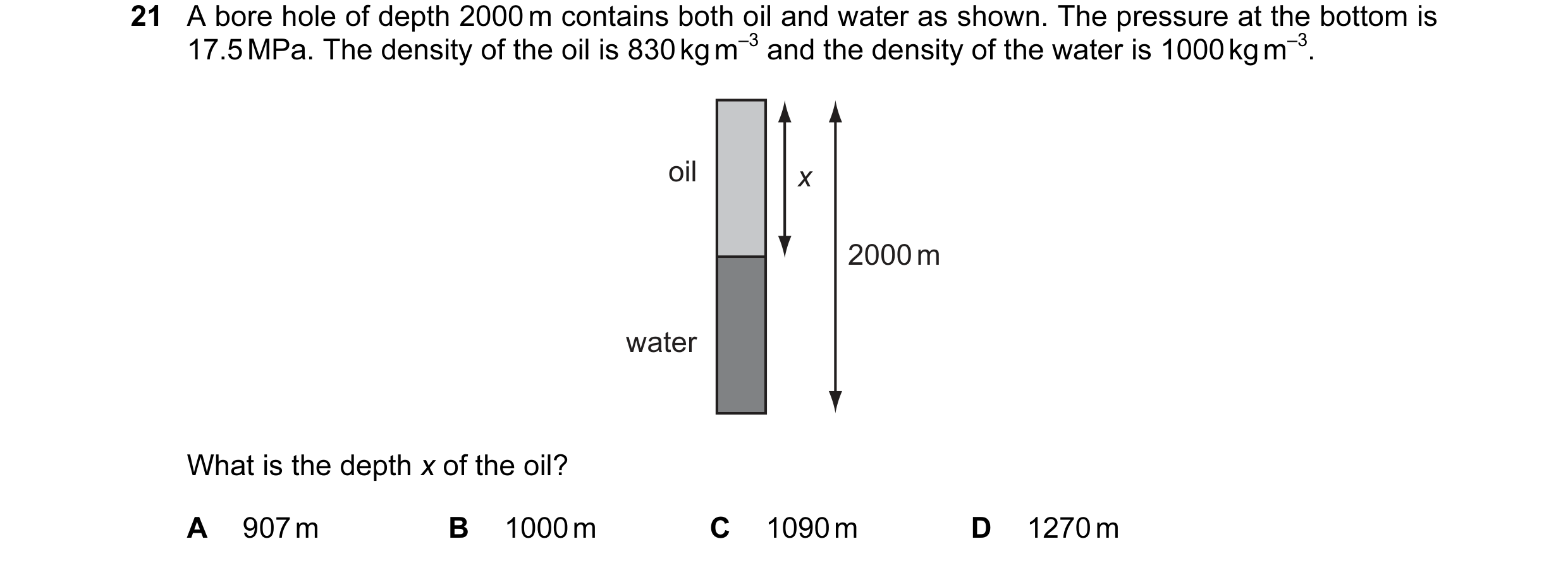 Question 5: A bore hole of depth 2000 m contains both oil and water as shown. The pressure at the bottom is 17.5 MPa. The density of the oil is 830 kg …