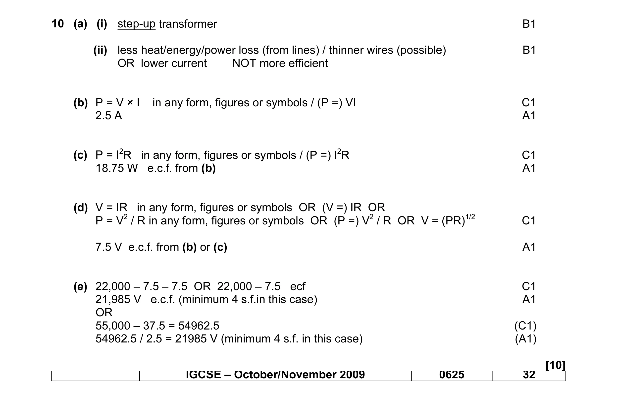 Mark scheme for question 10