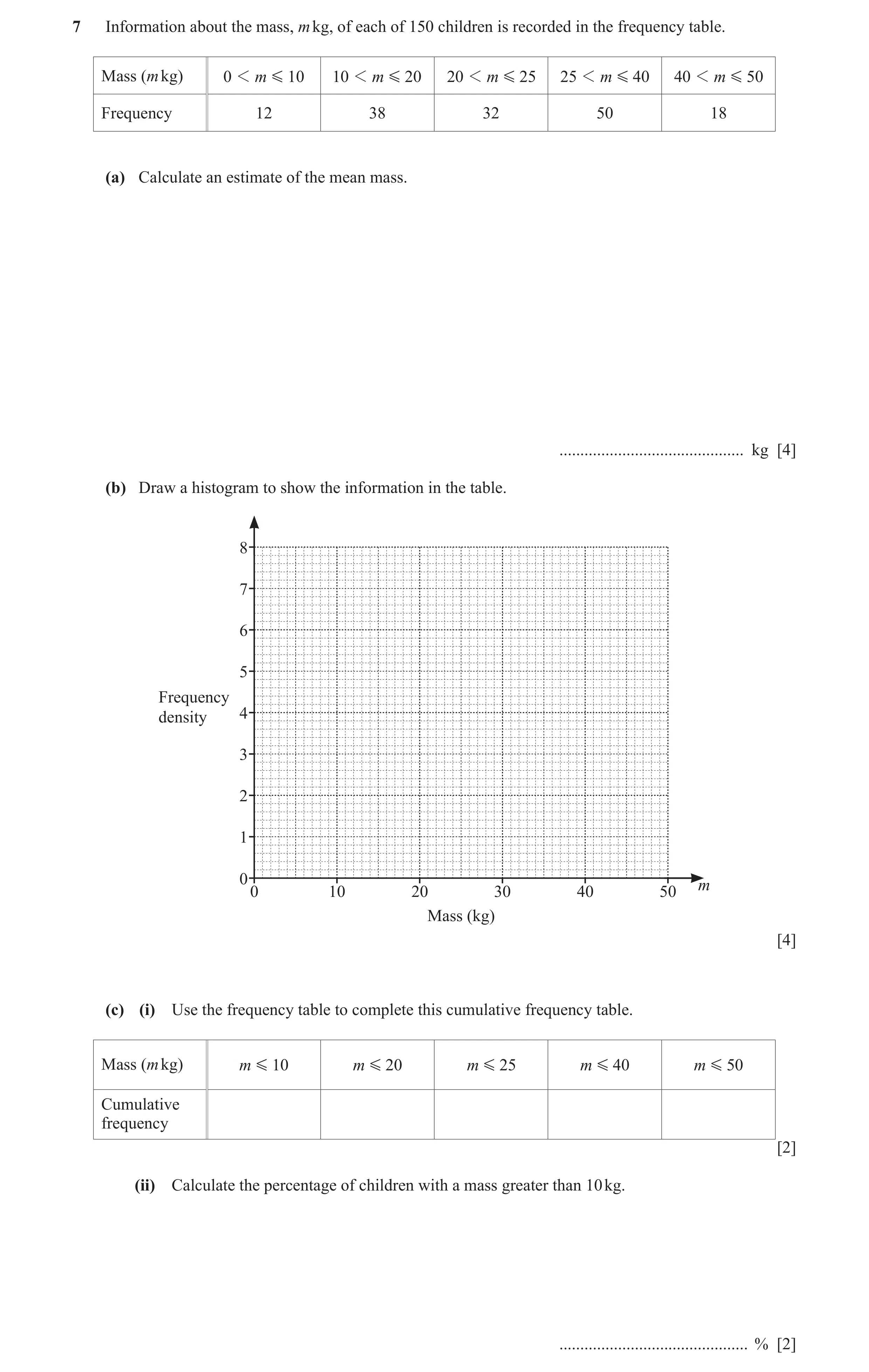 Question 7: Information about the mass, m kg, of each of 150 children is recorded in the frequency table. Mass (m kg) 0 1 m G 10 10 1 m G 20 20 1 m G 2…