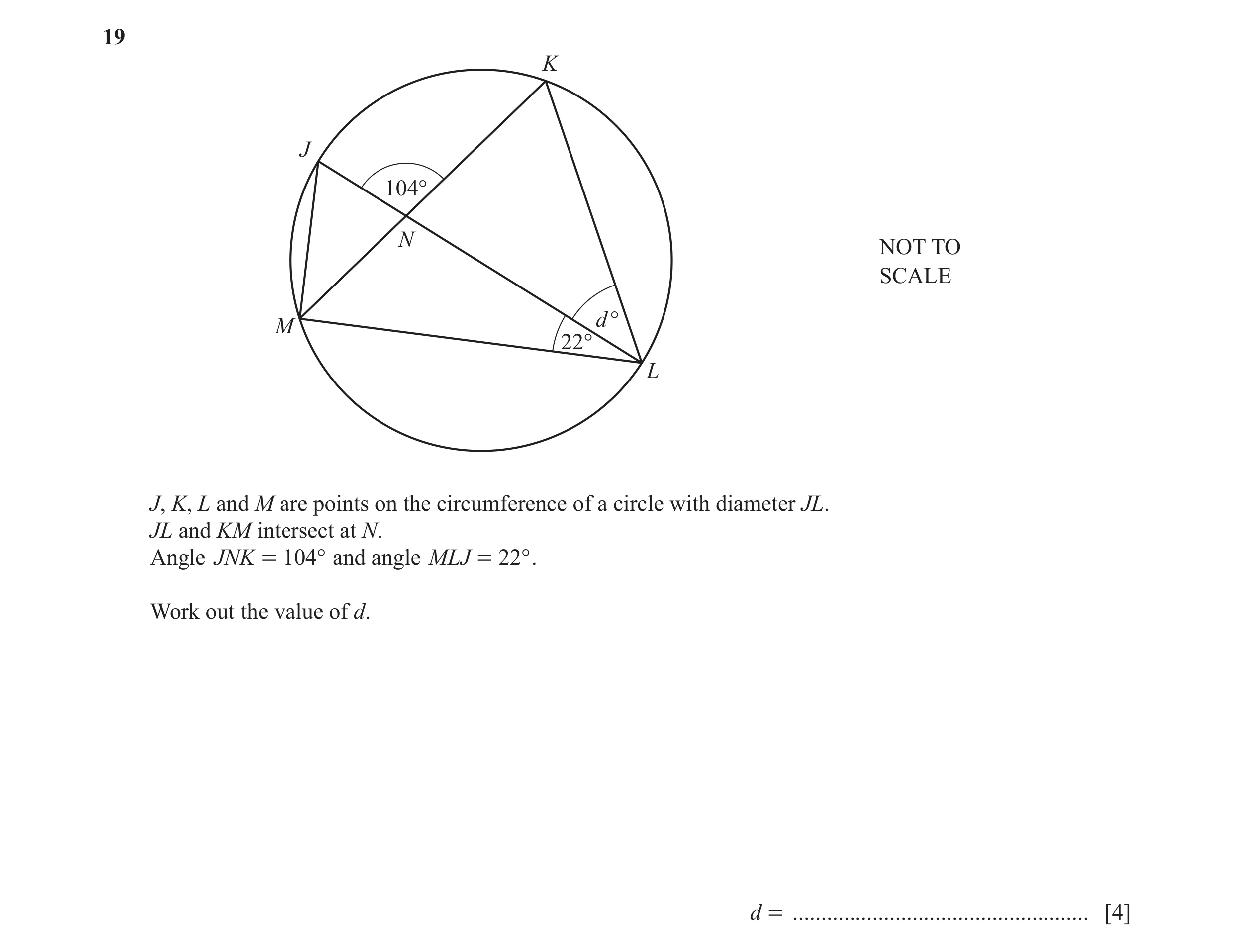 Question 18: K J 104° N NOT TO SCALE d ° M 22° L J, K, L and M are points on the circumference of a circle with diameter JL. JL and KM intersect at N. A…