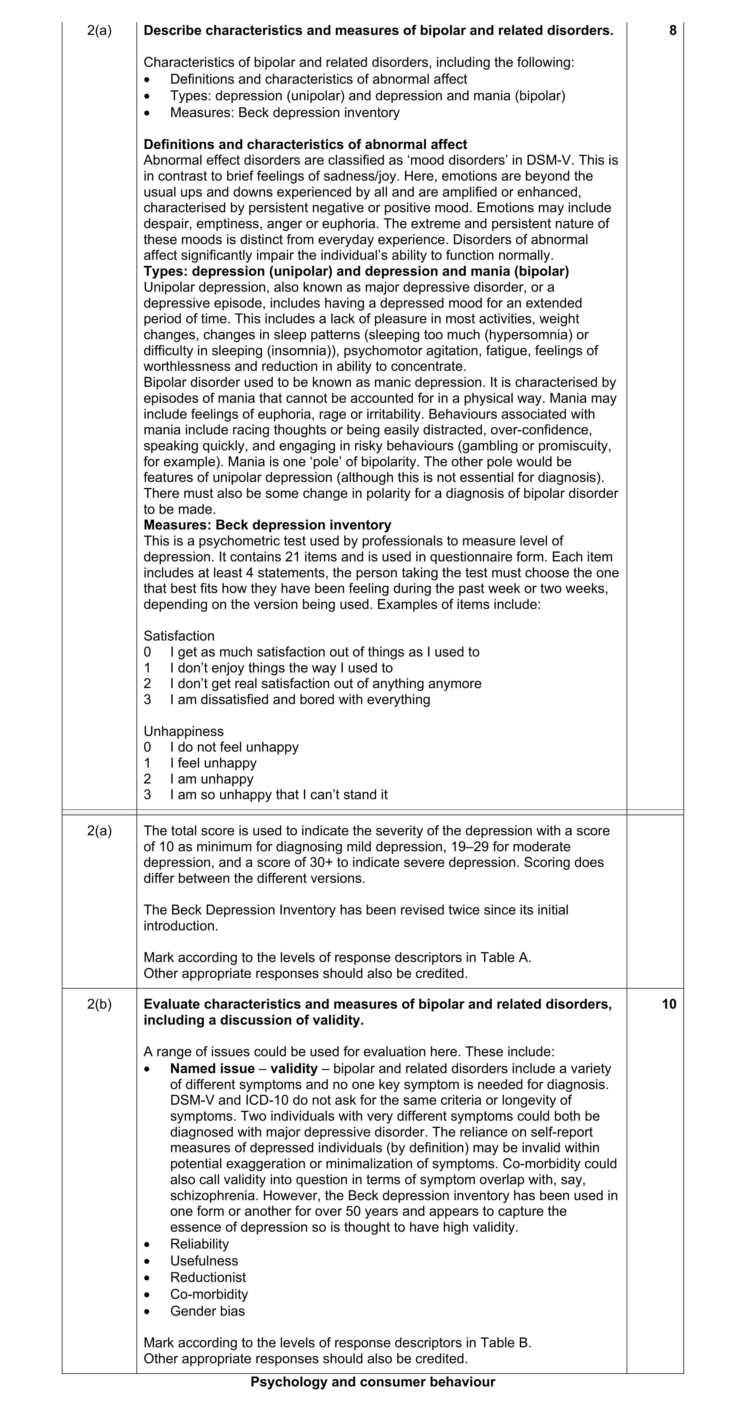 Mark scheme for question 10