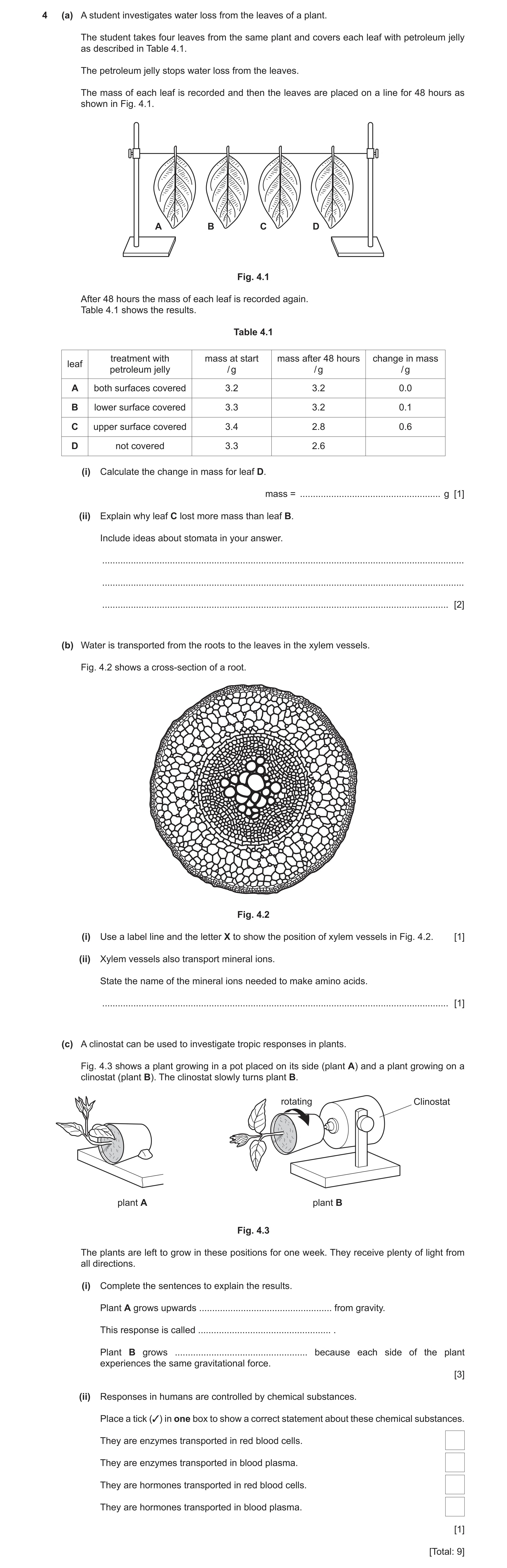 Question 10: (a) A student investigates water loss from the leaves of a plant. The student takes four leaves from the same plant and covers each leaf wi…