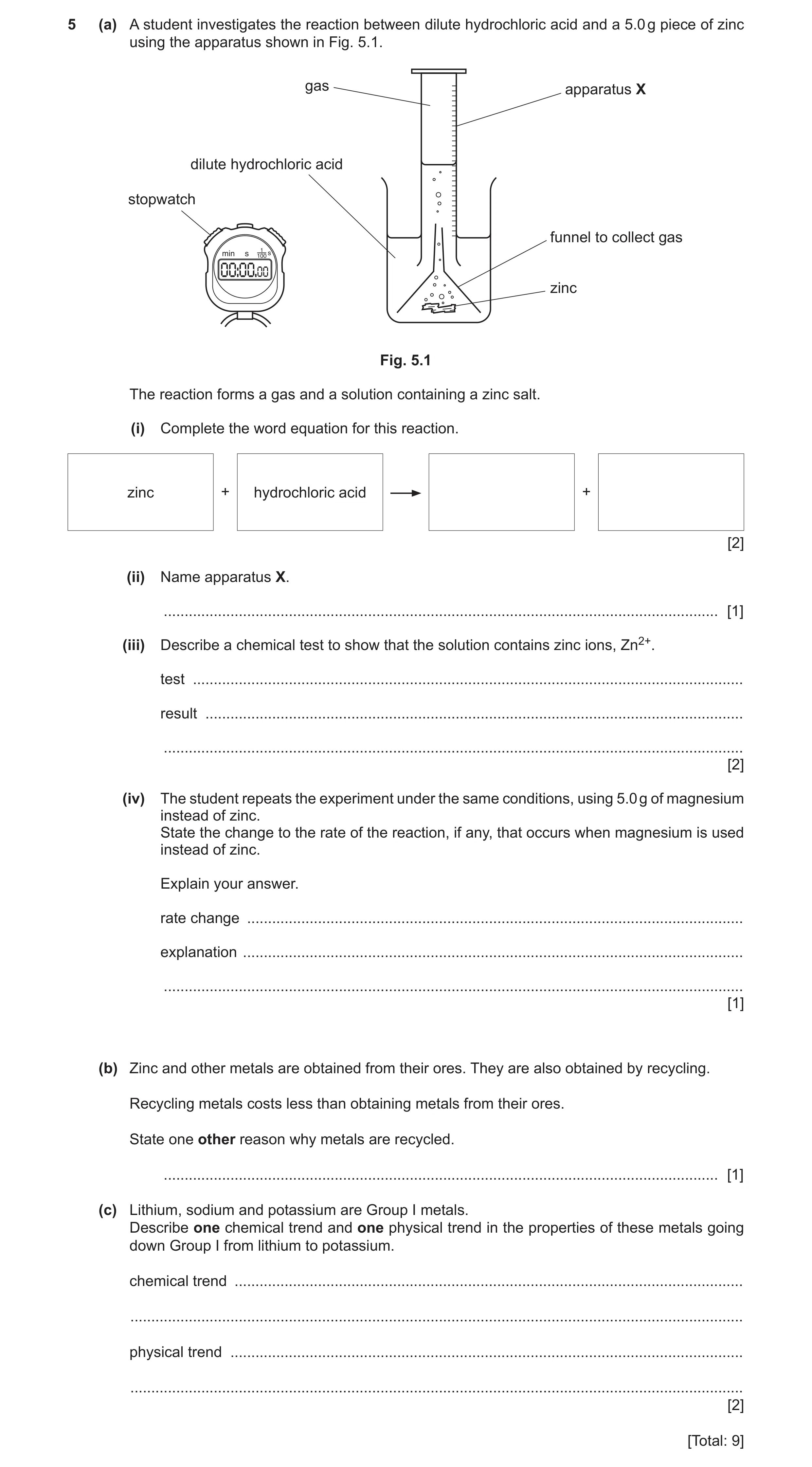 Question 12: (a) A student investigates the reaction between dilute hydrochloric acid and a 5.0 g piece of zinc using the apparatus shown in Fig. 5.1. g…