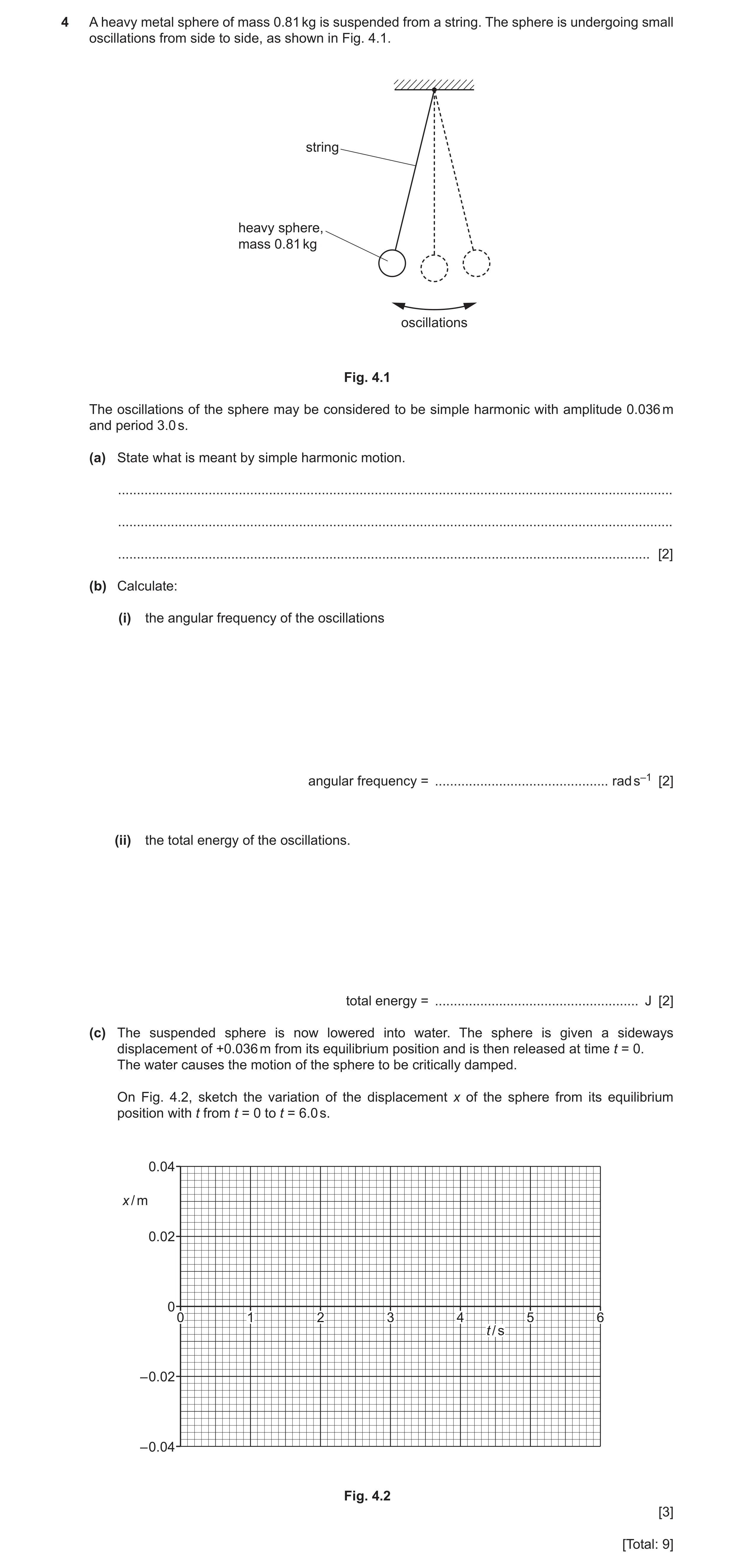 Question 46: A heavy metal sphere of mass 0.81 kg is suspended from a string. The sphere is undergoing small oscillations from side to side, as shown in…