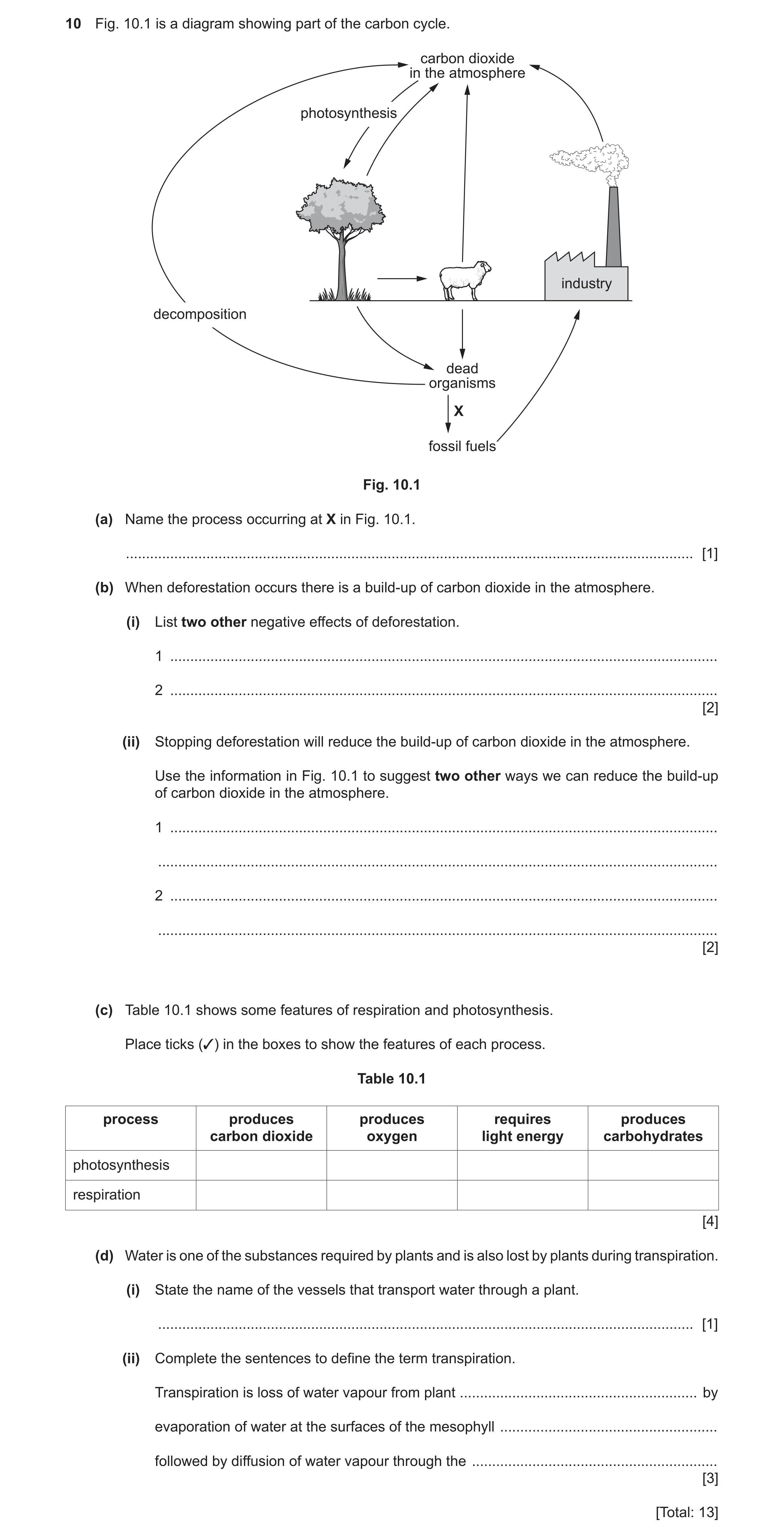 Question 16: Fig. 10.1 is a diagram showing part of the carbon cycle. carbon dioxide in the atmosphere photosynthesis industry decomposition dead organi…