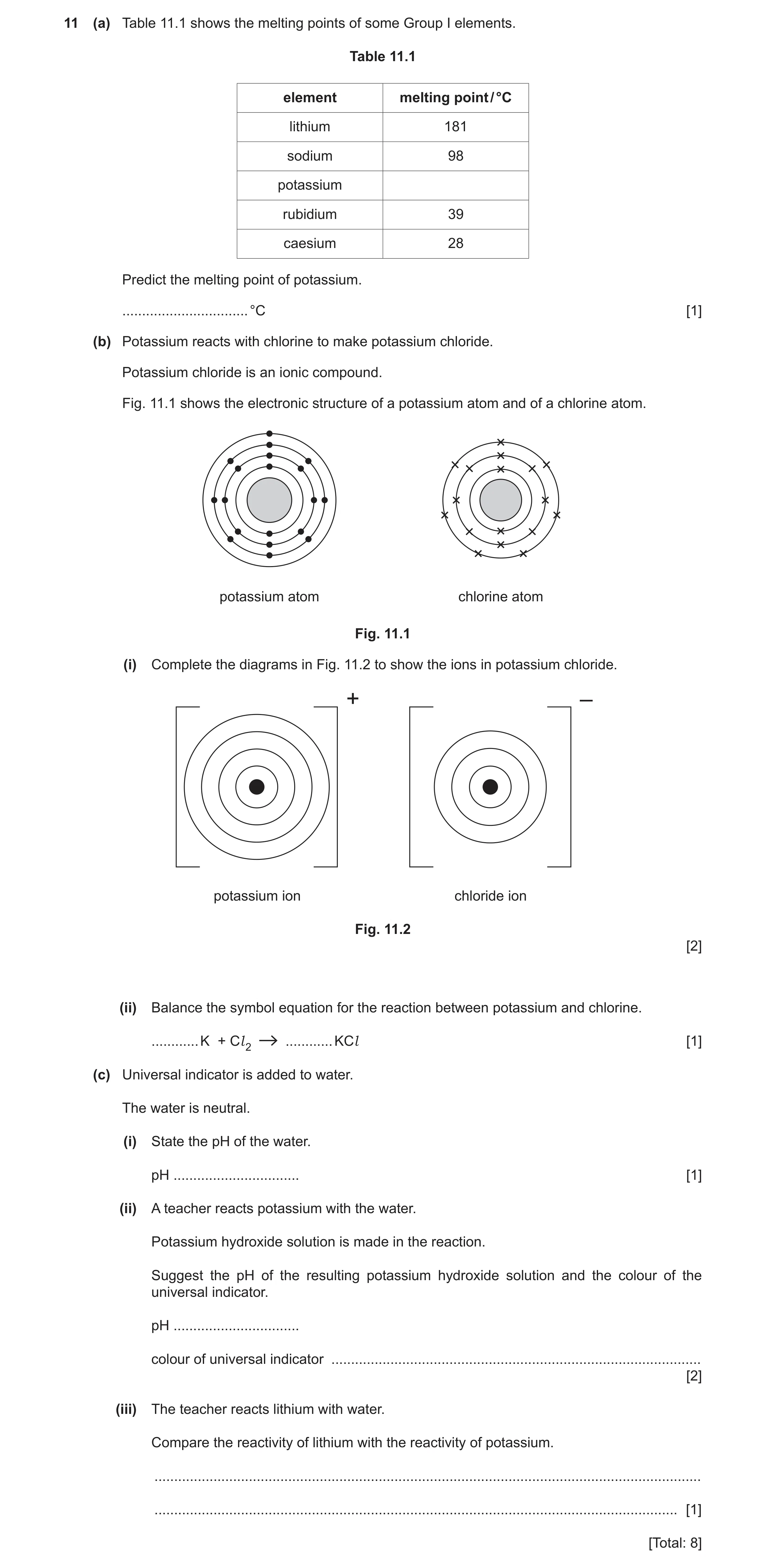 Question 13: (a) Table 11.1 shows the melting points of some Group I elements. Table 11.1 element melting point / °C lithium 181 sodium 98 potassium rub…