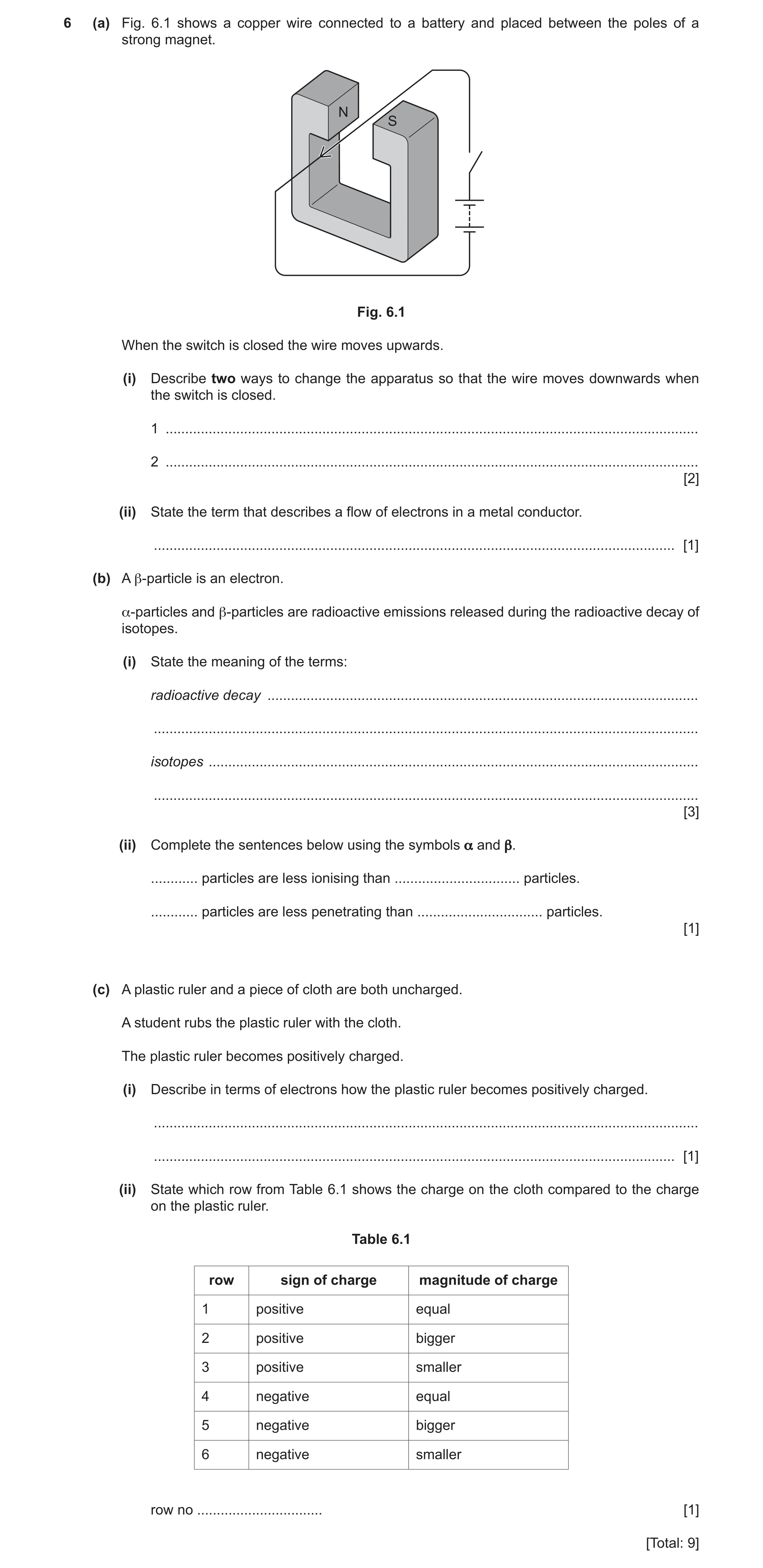 Question 10: (a) Fig. 6.1 shows a copper wire connected to a battery and placed between the poles of a strong magnet. N S Fig. 6.1 When the switch is cl…