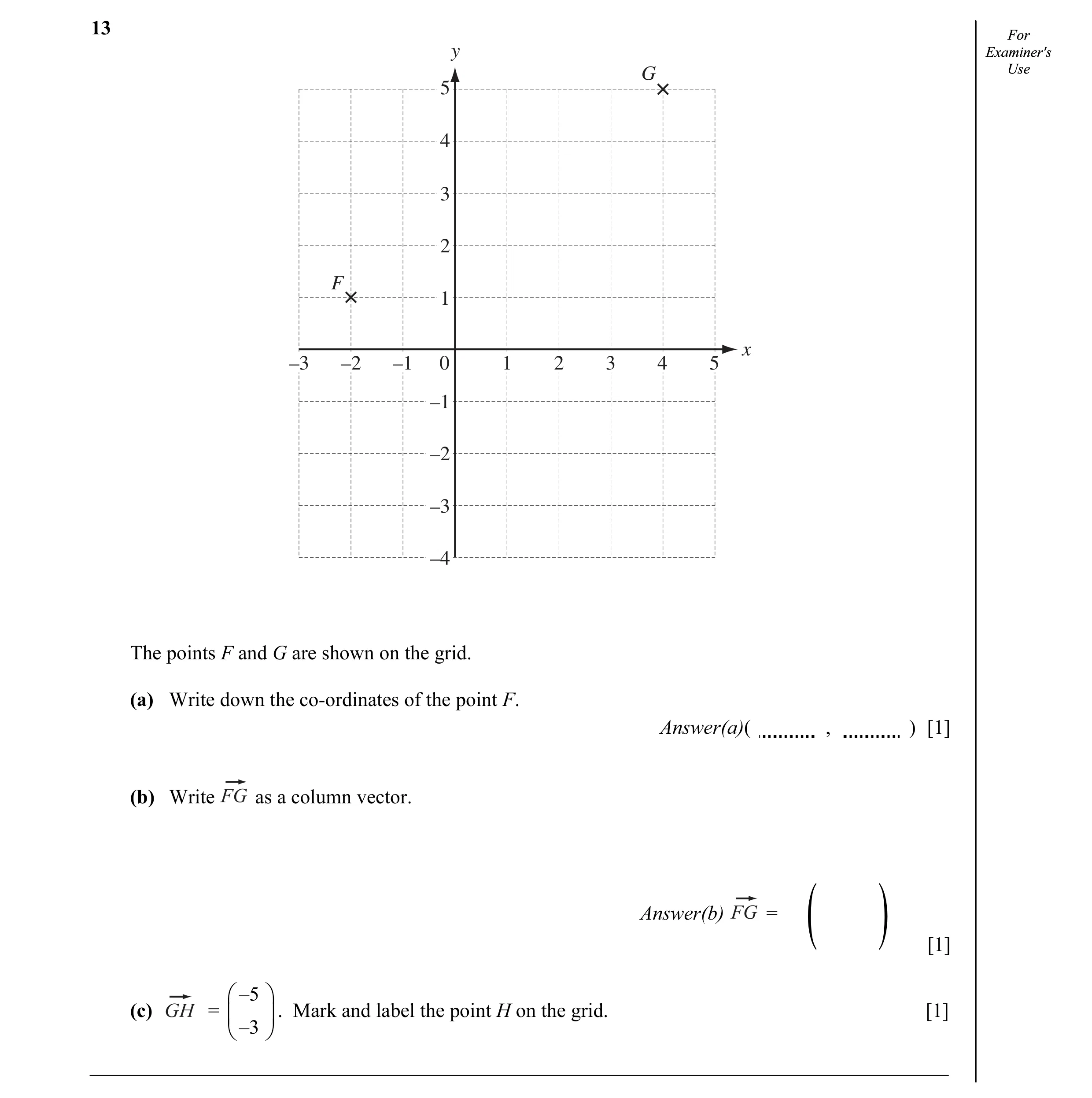 Question 4: ForFor y Examiner'sExaminer's G UseUse 5 4 3 2 F 1 x –3 –2 –1 0 1 2 3 4 5 –1 –2 –3 –4 The points F and G are shown on the grid. (a) Write d…