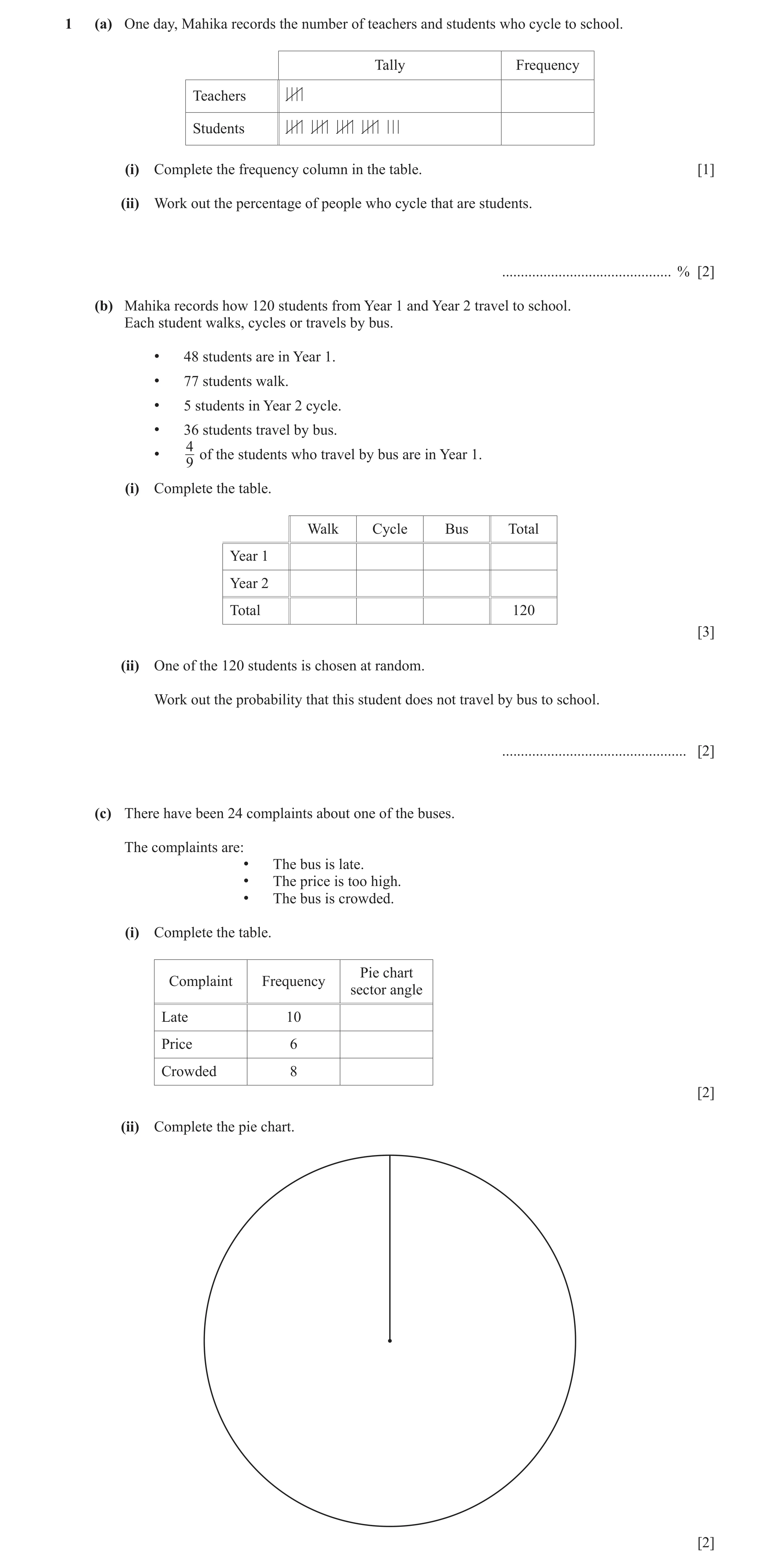 Question 28: (a) One day, Mahika records the number of teachers and students who cycle to school. Tally Frequency Teachers | | | | Students | | | | | | …